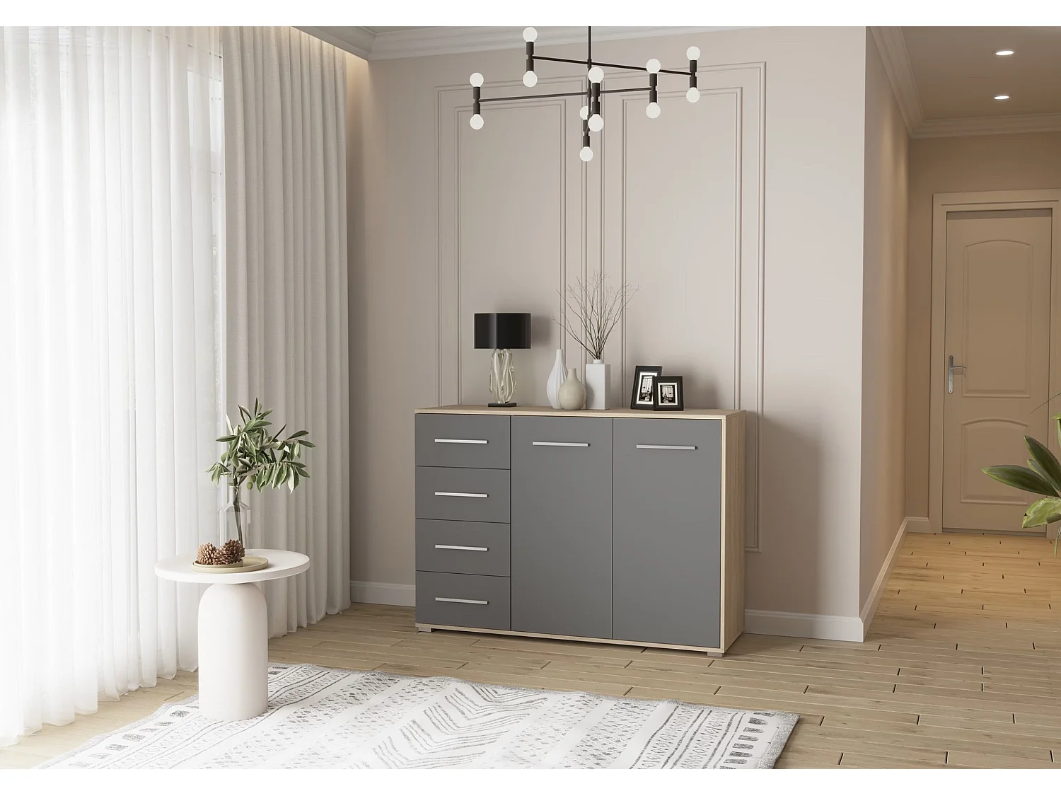Buffet - Commode Ilario III 135 cm - Aspect mat - Chêne - Gris