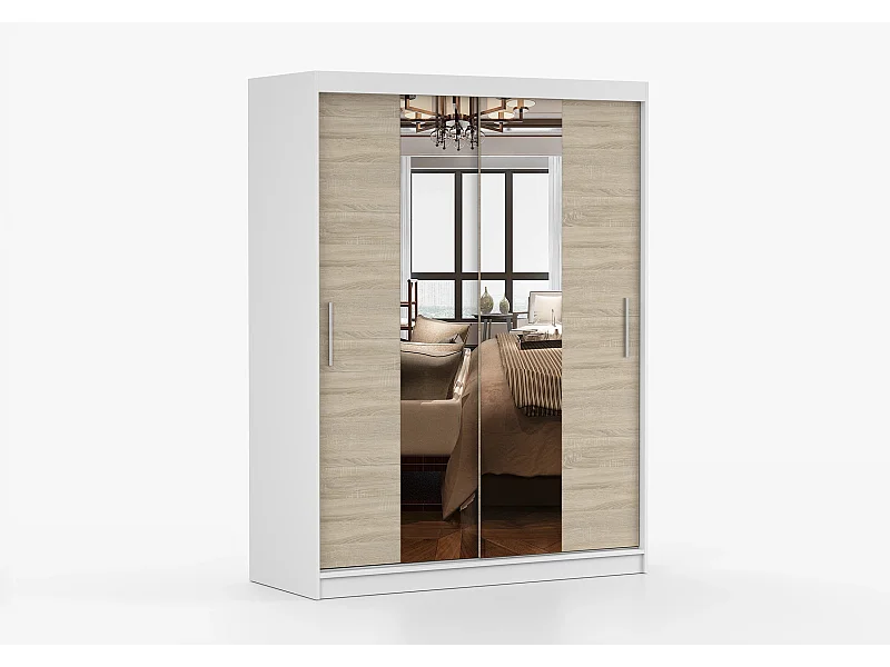 Armoire Aenora 150 cm avec miroir - Blanc - Chêne