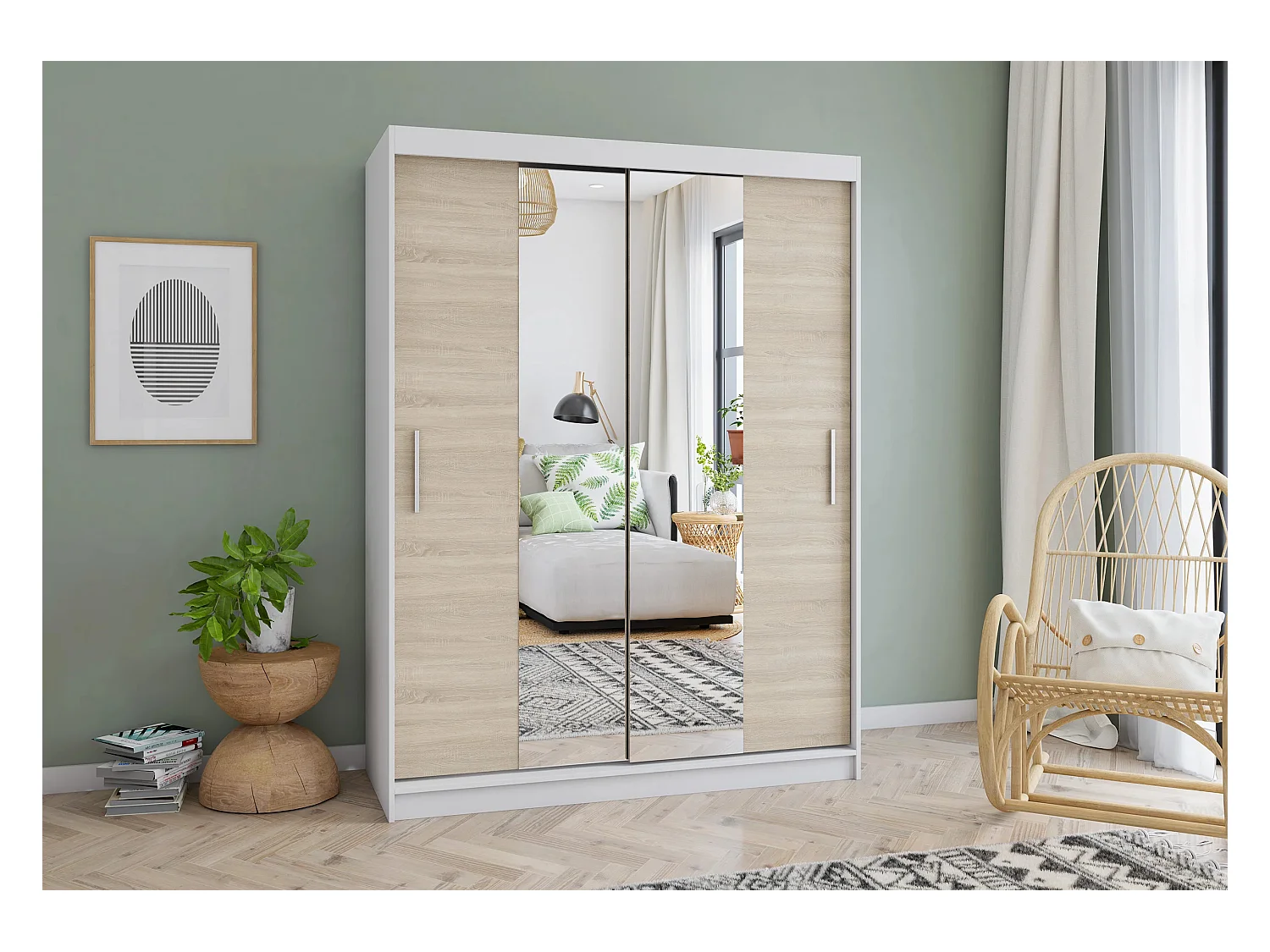 Armoire Aenora 150 cm avec miroir - Blanc - Chêne