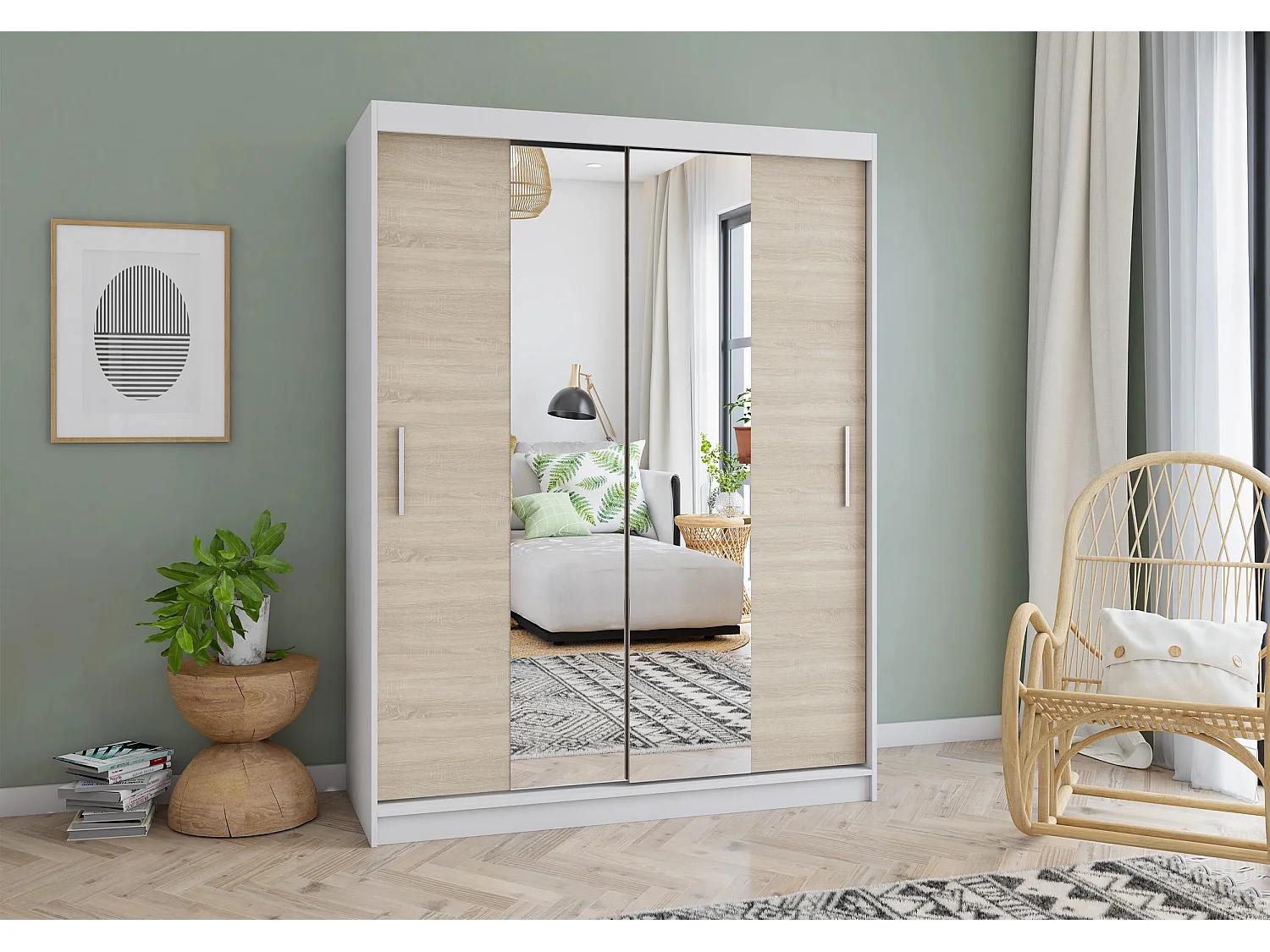 Armoire Aenora 150 cm avec miroir - Blanc - Chêne