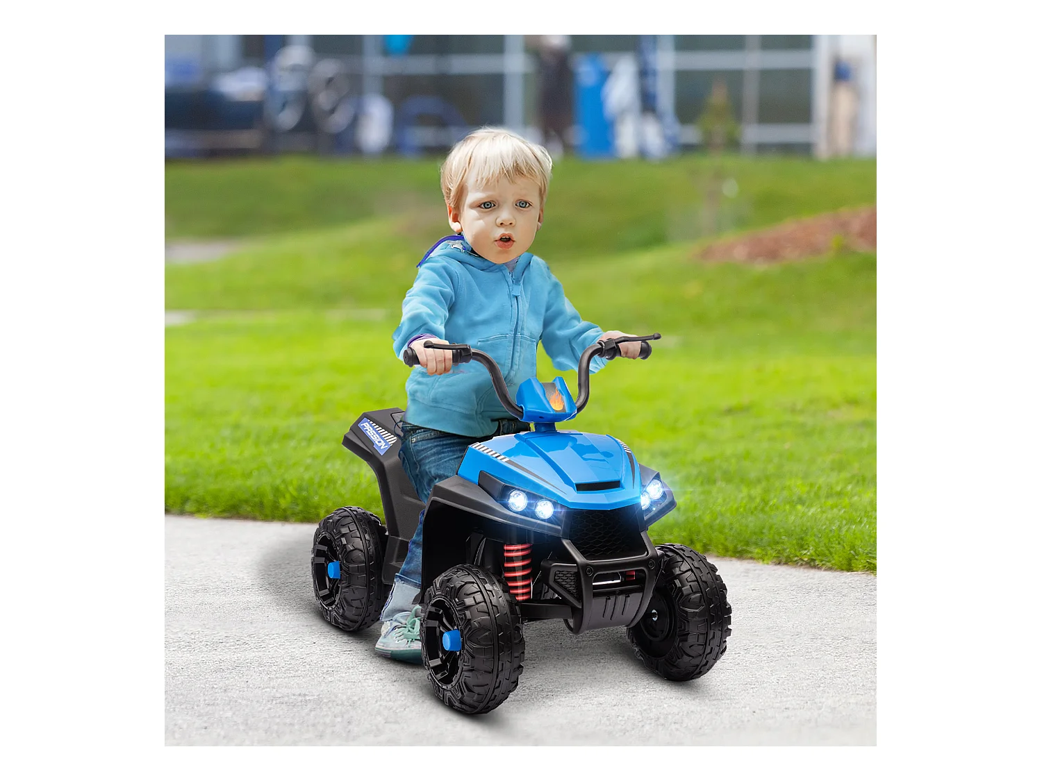 Quad électrique enfant 2 moteurs 12V 5 Km/h max. marche AV AR nombreux effets bleu