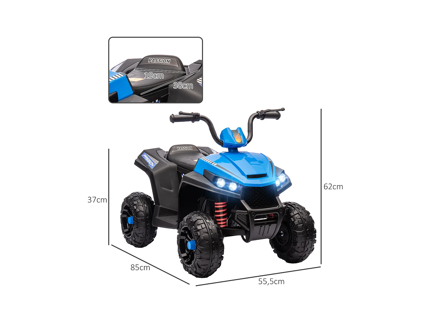 Quad électrique enfant 2 moteurs 12V 5 Km/h max. marche AV AR nombreux effets bleu