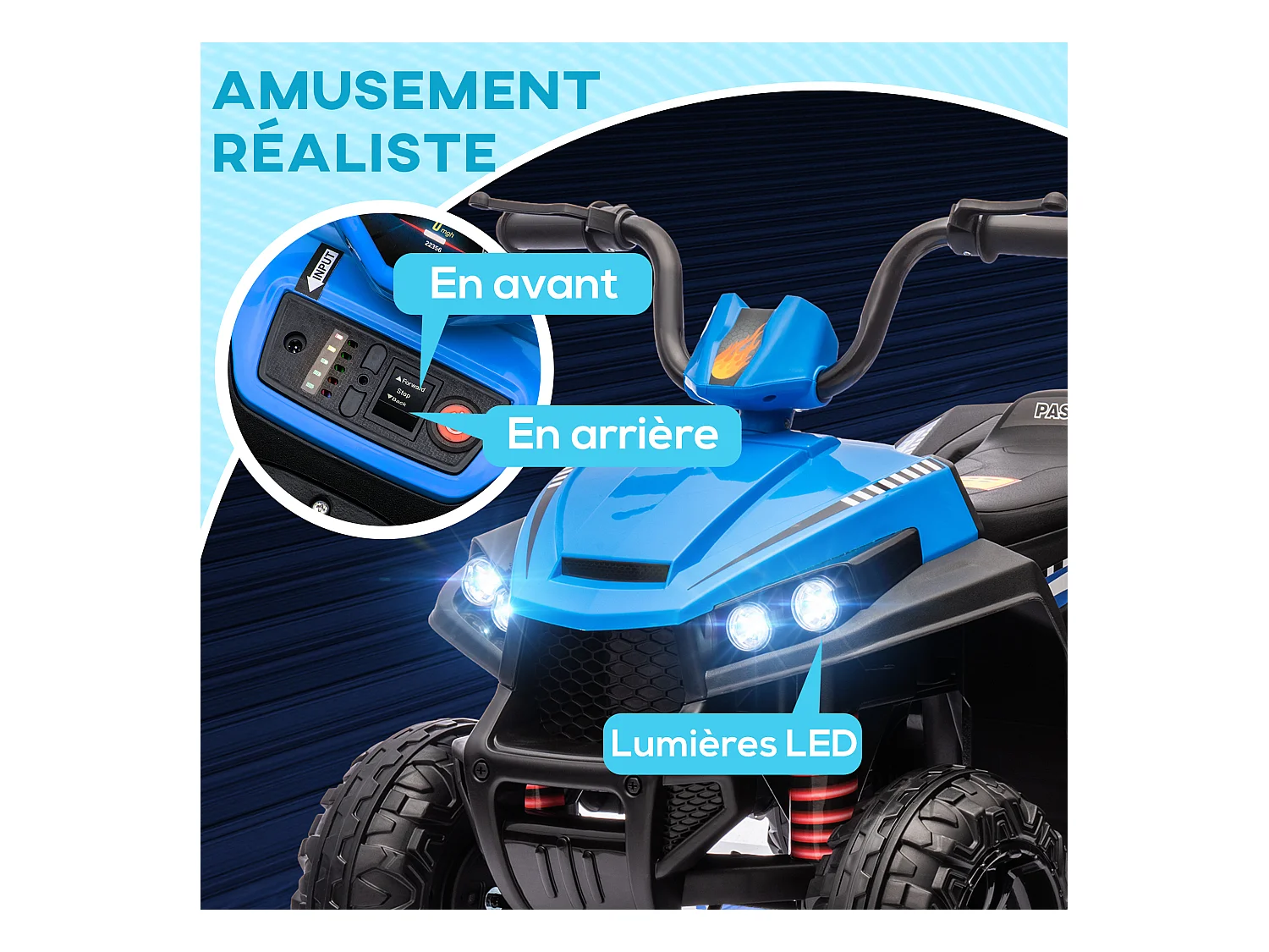 Quad électrique enfant 2 moteurs 12V 5 Km/h max. marche AV AR nombreux effets bleu