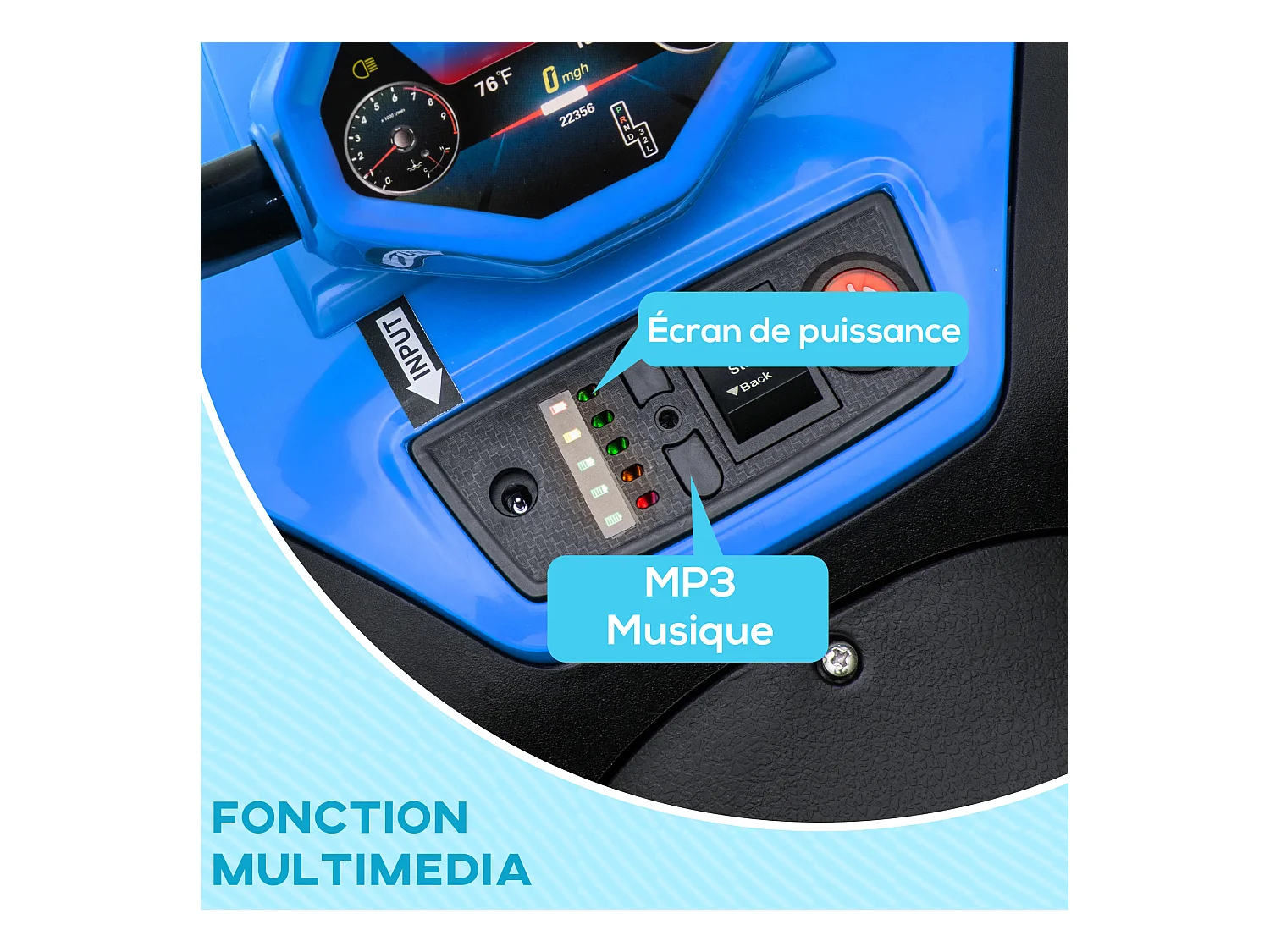 Quad électrique enfant 2 moteurs 12V 5 Km/h max. marche AV AR nombreux effets bleu