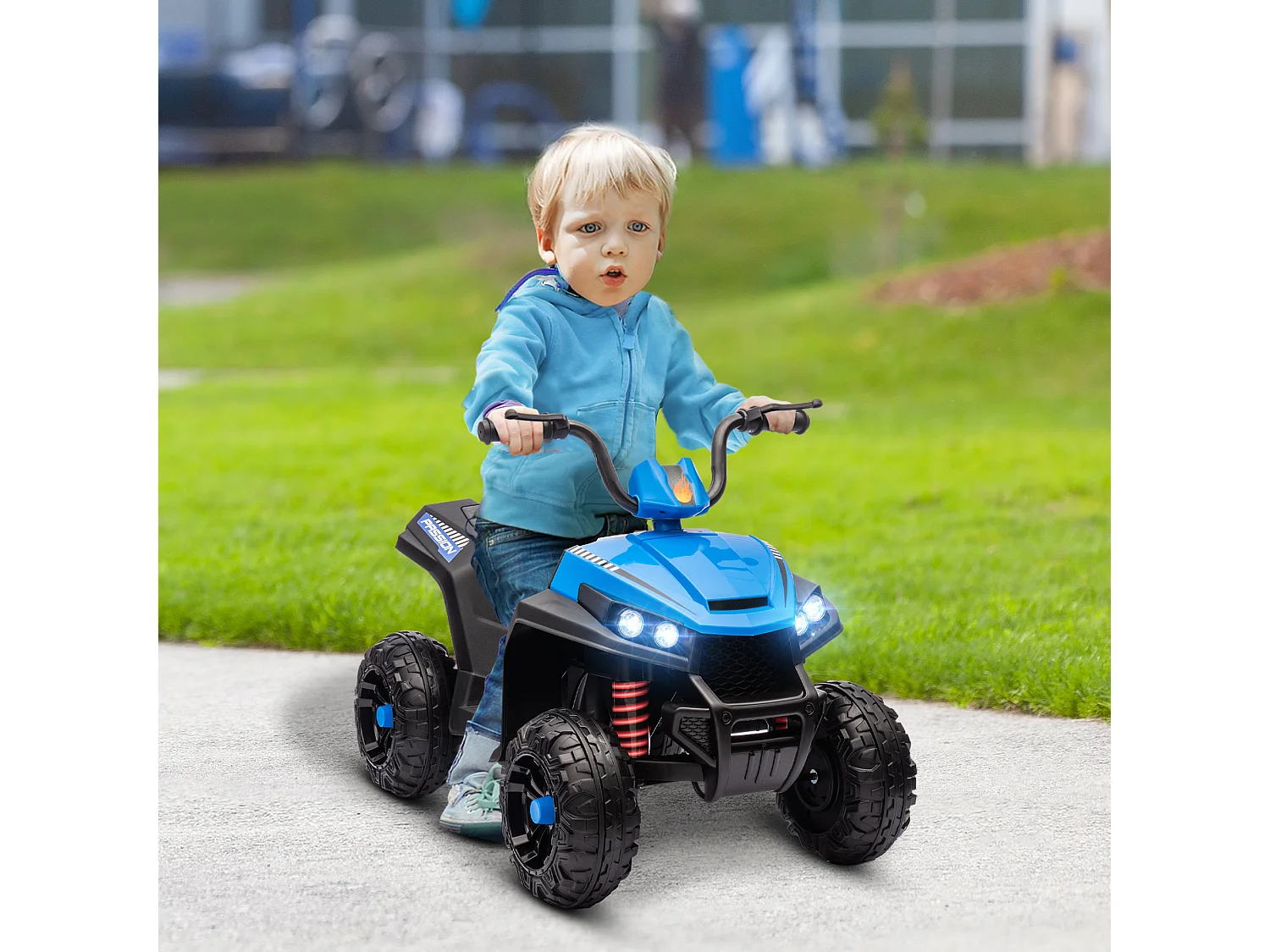 Quad électrique enfant 2 moteurs 12V 5 Km/h max. marche AV AR nombreux effets bleu