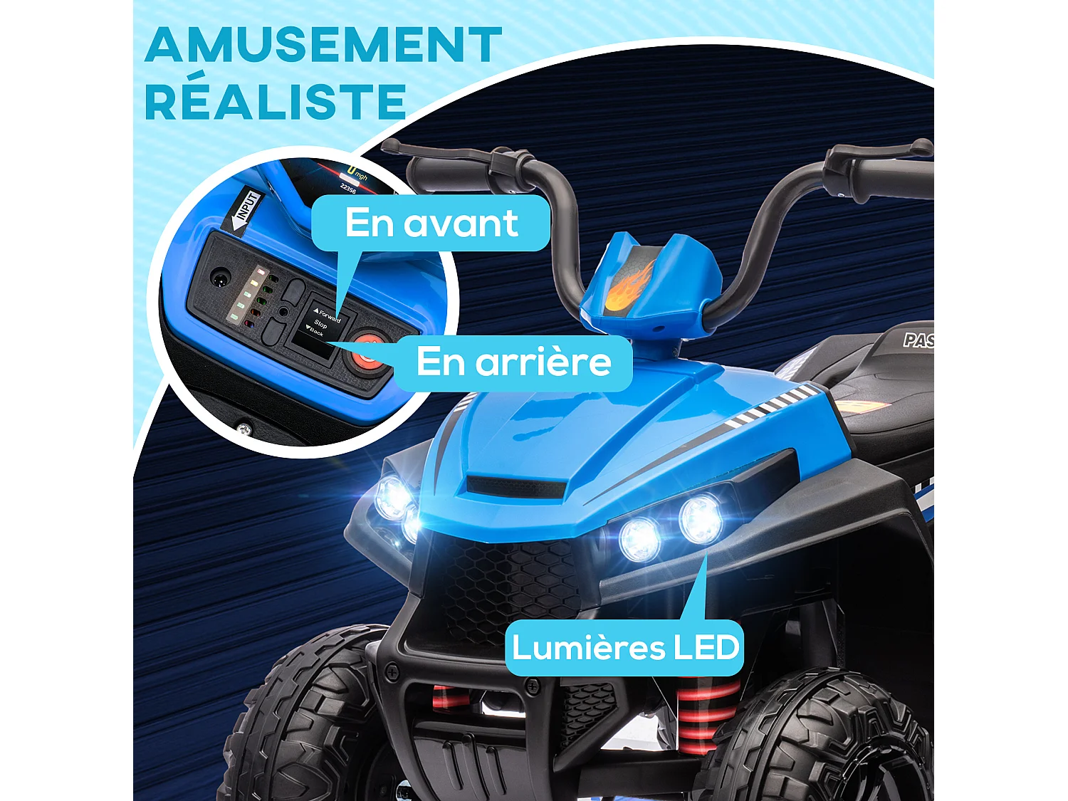 Quad électrique enfant 2 moteurs 12V 5 Km/h max. marche AV AR nombreux effets bleu