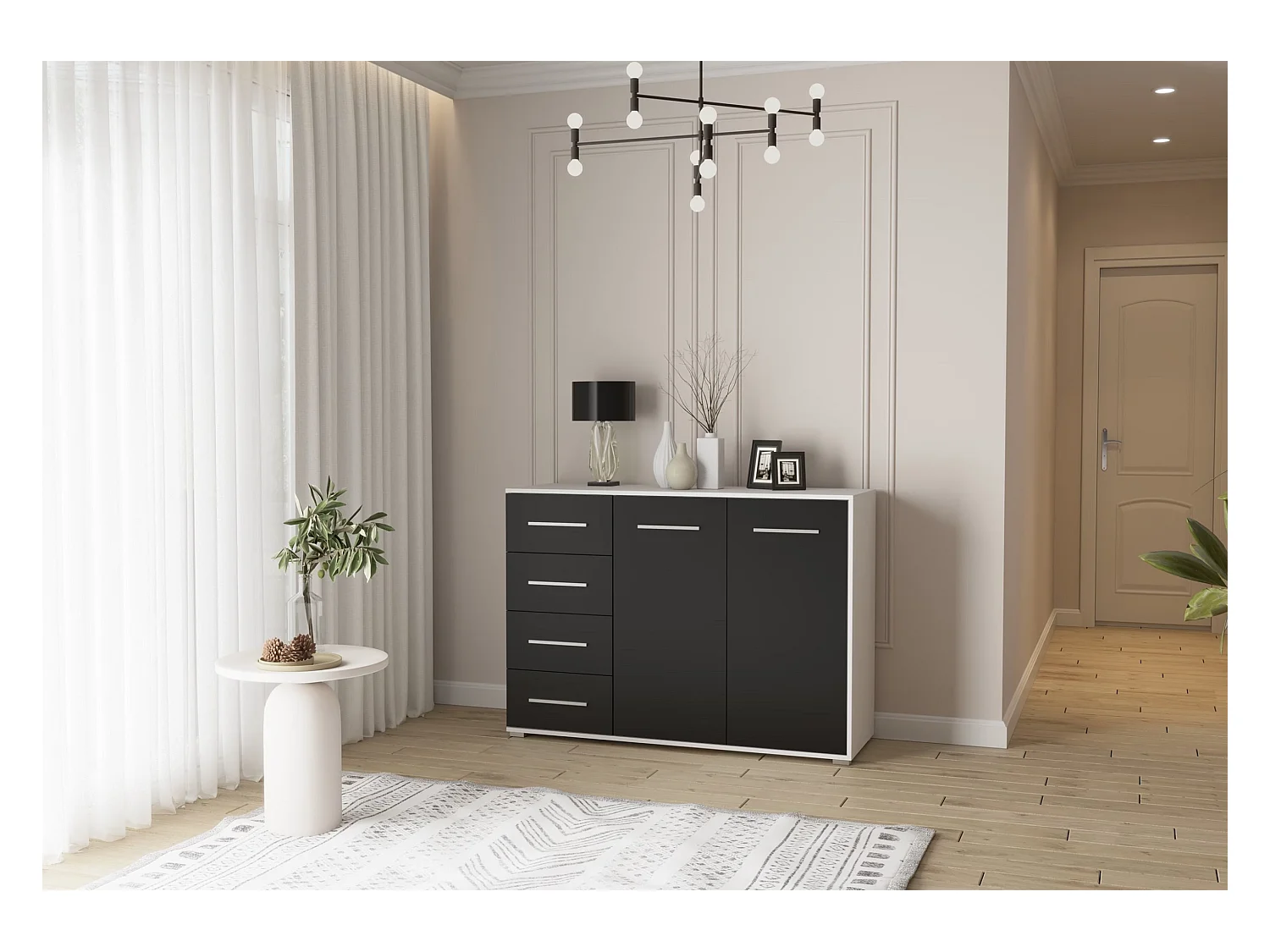 Buffet - Commode Ilario III 135 cm - Aspect mat - Blanc - Noir