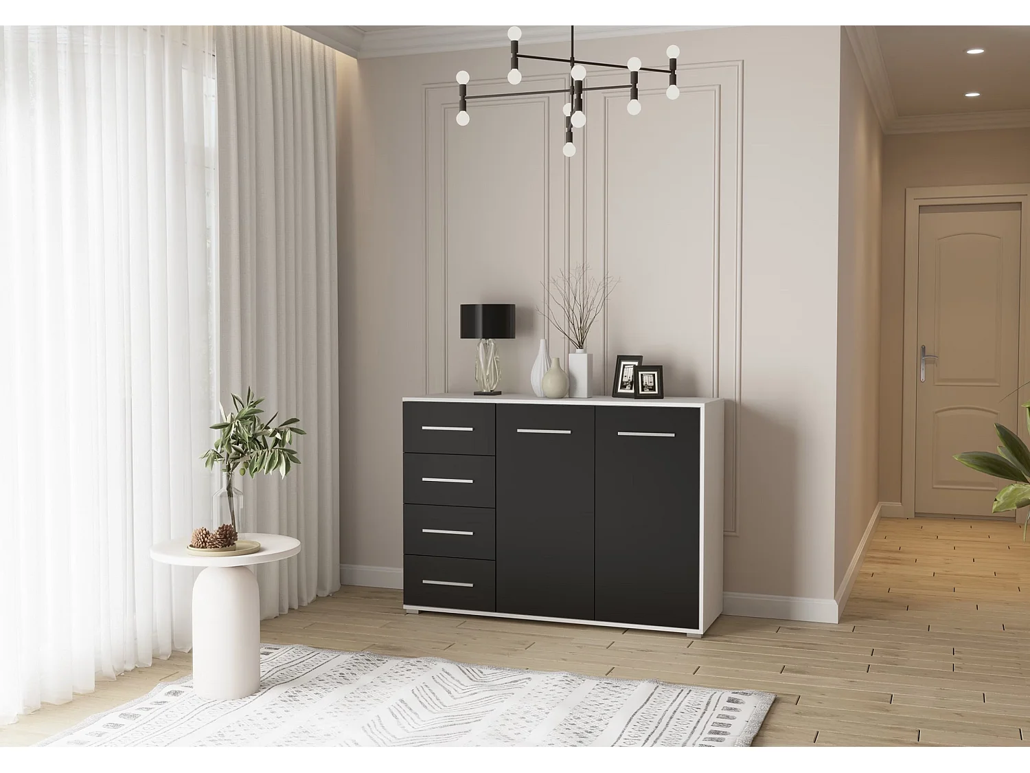 Buffet - Commode Ilario III 135 cm - Aspect mat - Blanc - Noir