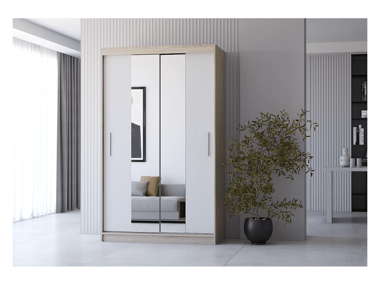Armoire Danaé 120 cm avec miroir - Chêne - Blanc