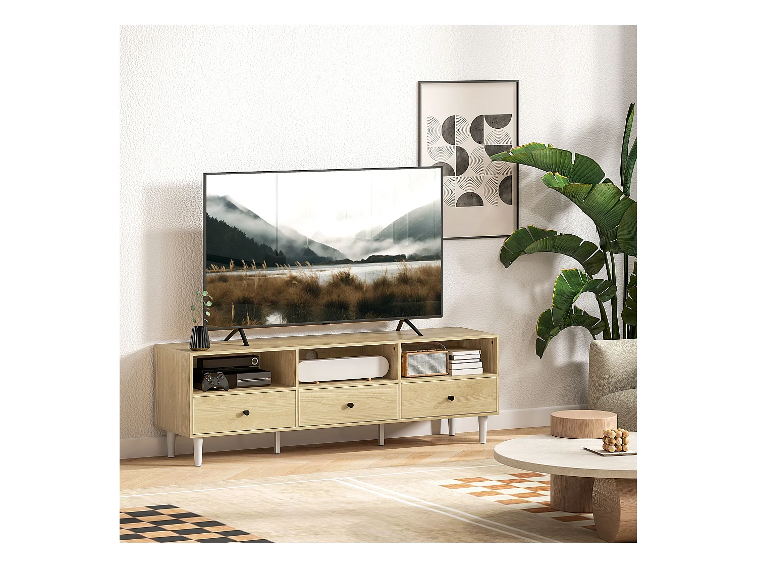 Meuble TV banc TV sur pieds effilés - 3 tiroirs, 3 niches, passe-câble - dim. 140 x 34 x 45 cm - métal effet bois naturel