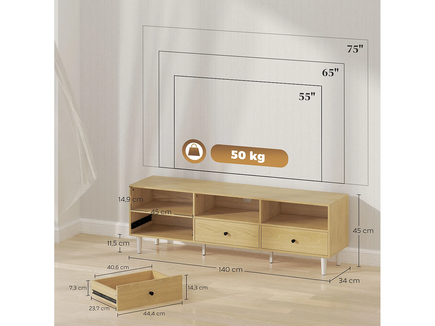 Meuble TV banc TV sur pieds effilés - 3 tiroirs, 3 niches, passe-câble - dim. 140 x 34 x 45 cm - métal effet bois naturel