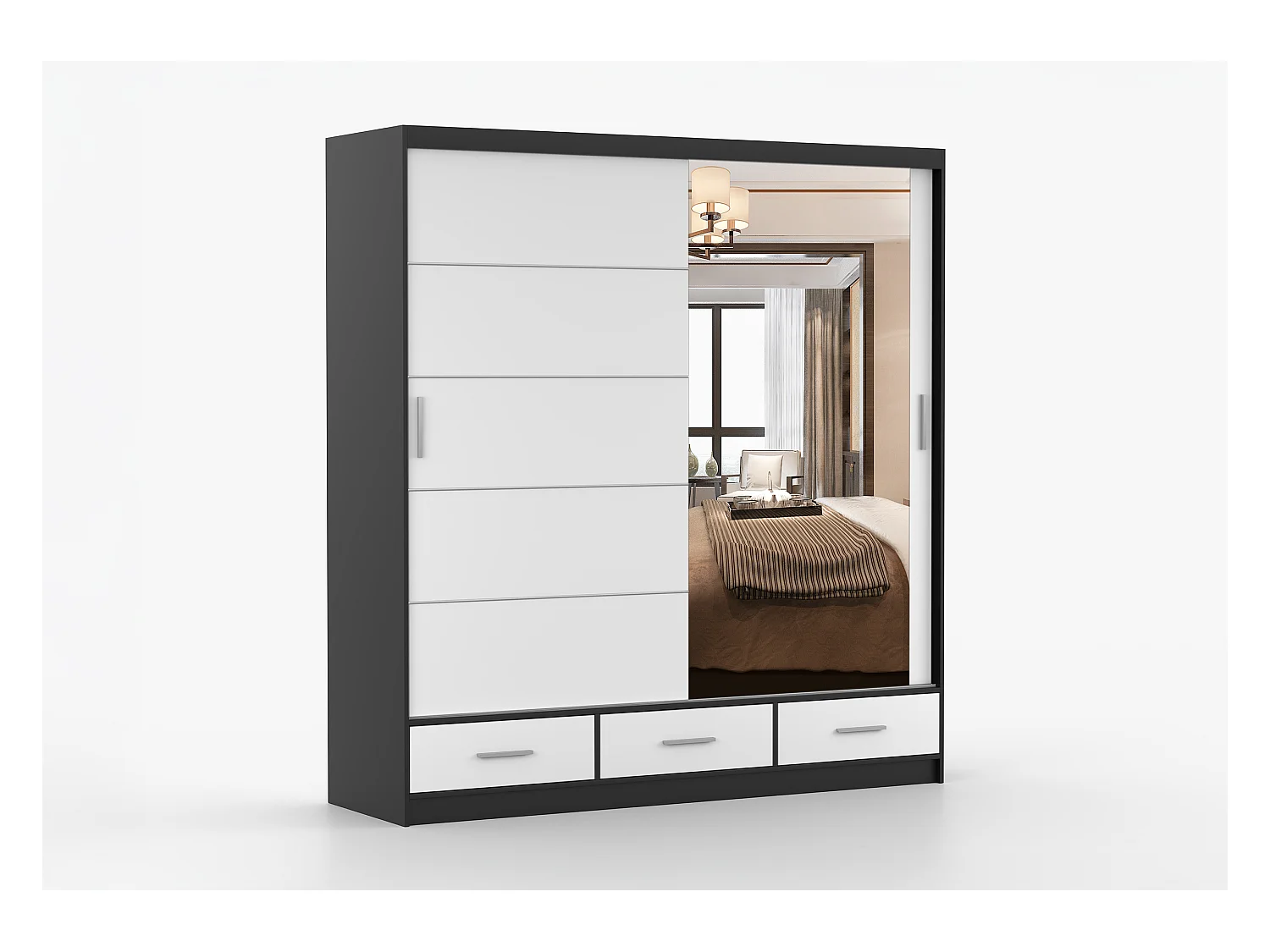 Armoire Solian 203 cm avec miroir - Noir - Blanc