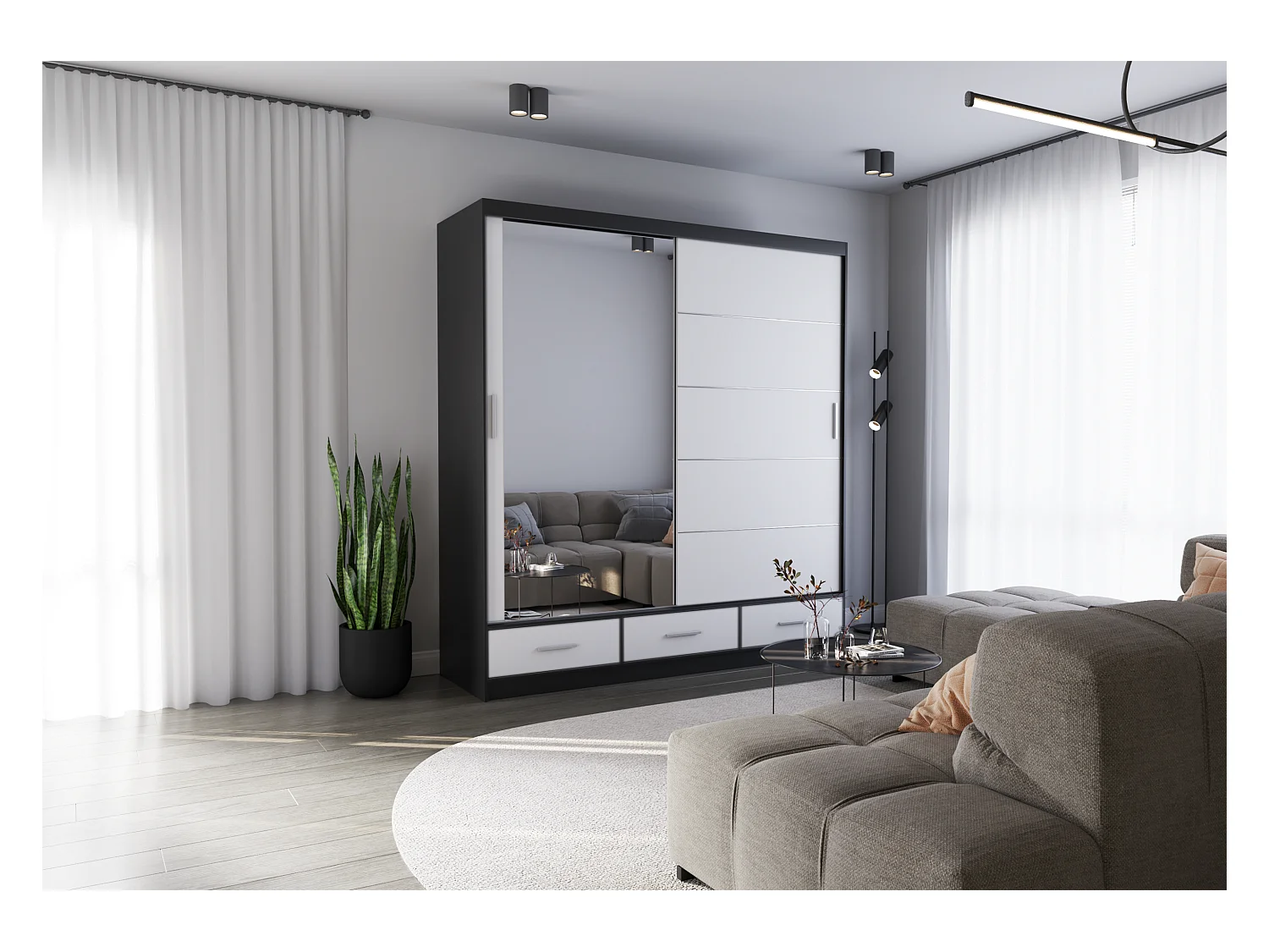 Armoire Solian 203 cm avec miroir - Noir - Blanc