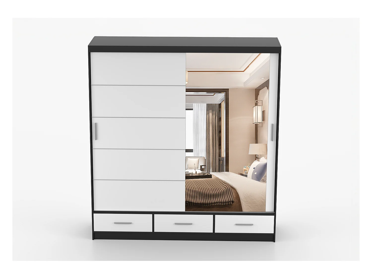 Armoire Solian 203 cm avec miroir - Noir - Blanc