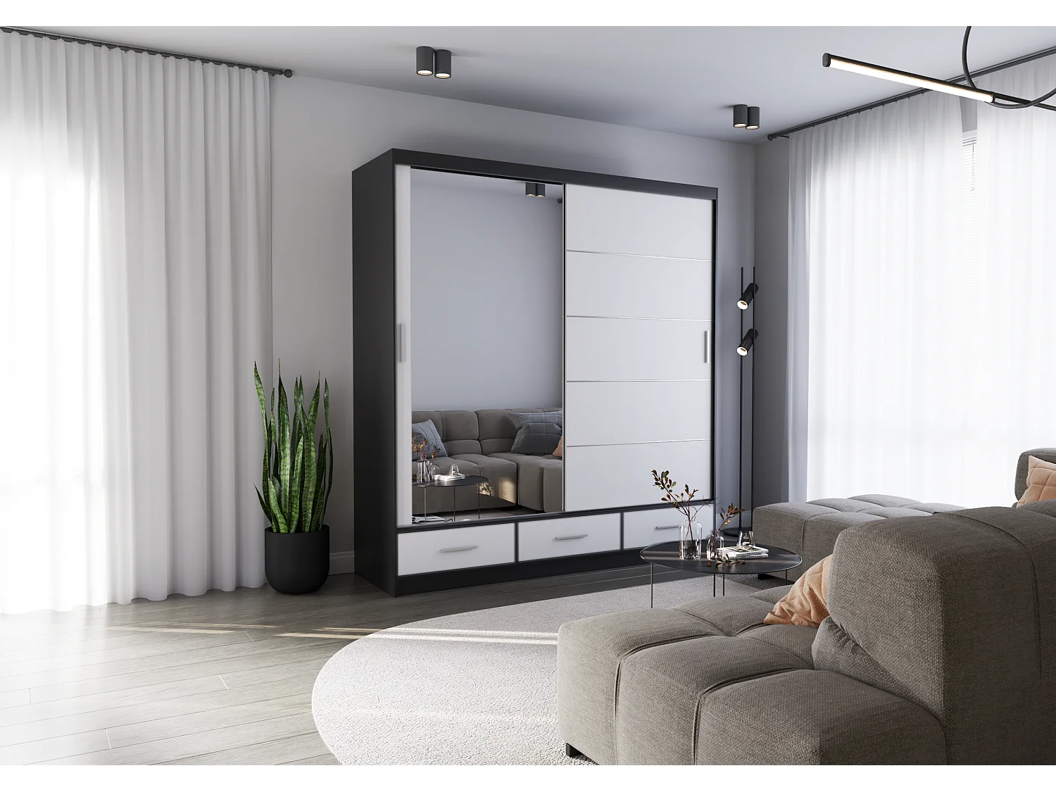 Armoire Solian 203 cm avec miroir - Noir - Blanc