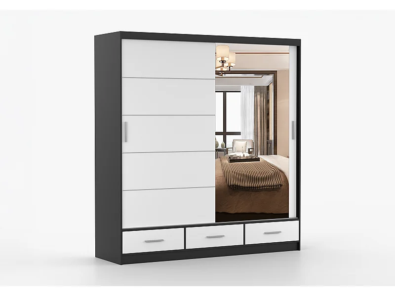 Armoire Solian 203 cm avec miroir - Noir - Blanc