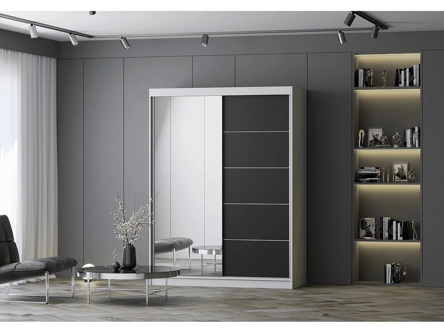 Armoire Irinaé 150 cm avec miroir - Blanc - Noir
