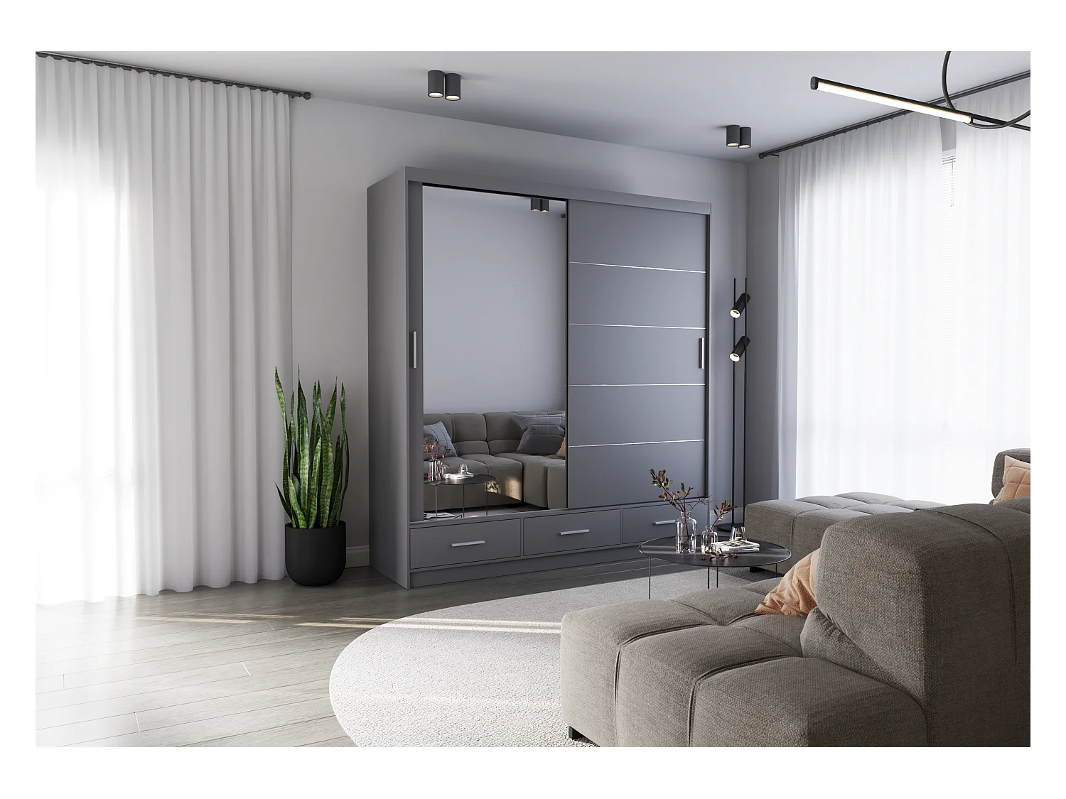 Armoire Solian 203 cm avec miroir - Gris