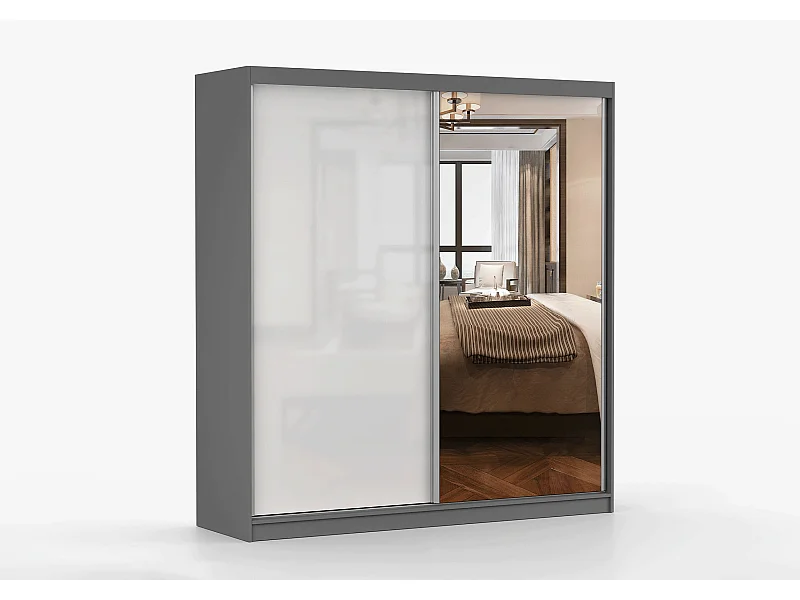 Armoire Orphée 203 cm avec miroir - Gris - Blanc