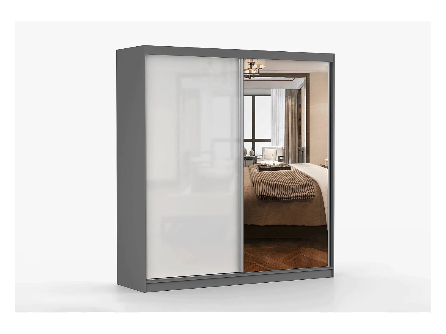 Armoire Orphée 203 cm avec miroir - Gris - Blanc