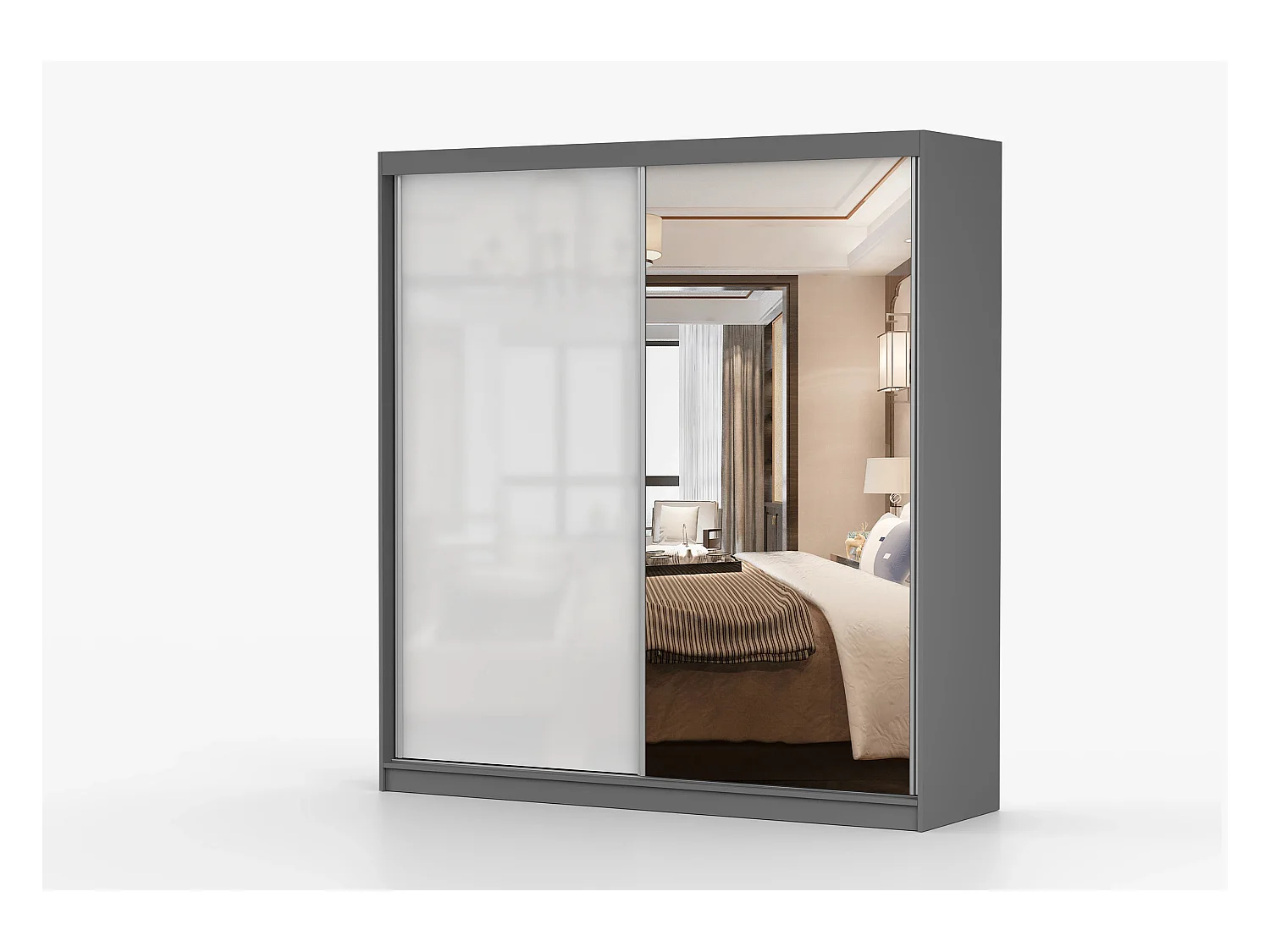 Armoire Orphée 203 cm avec miroir - Gris - Blanc