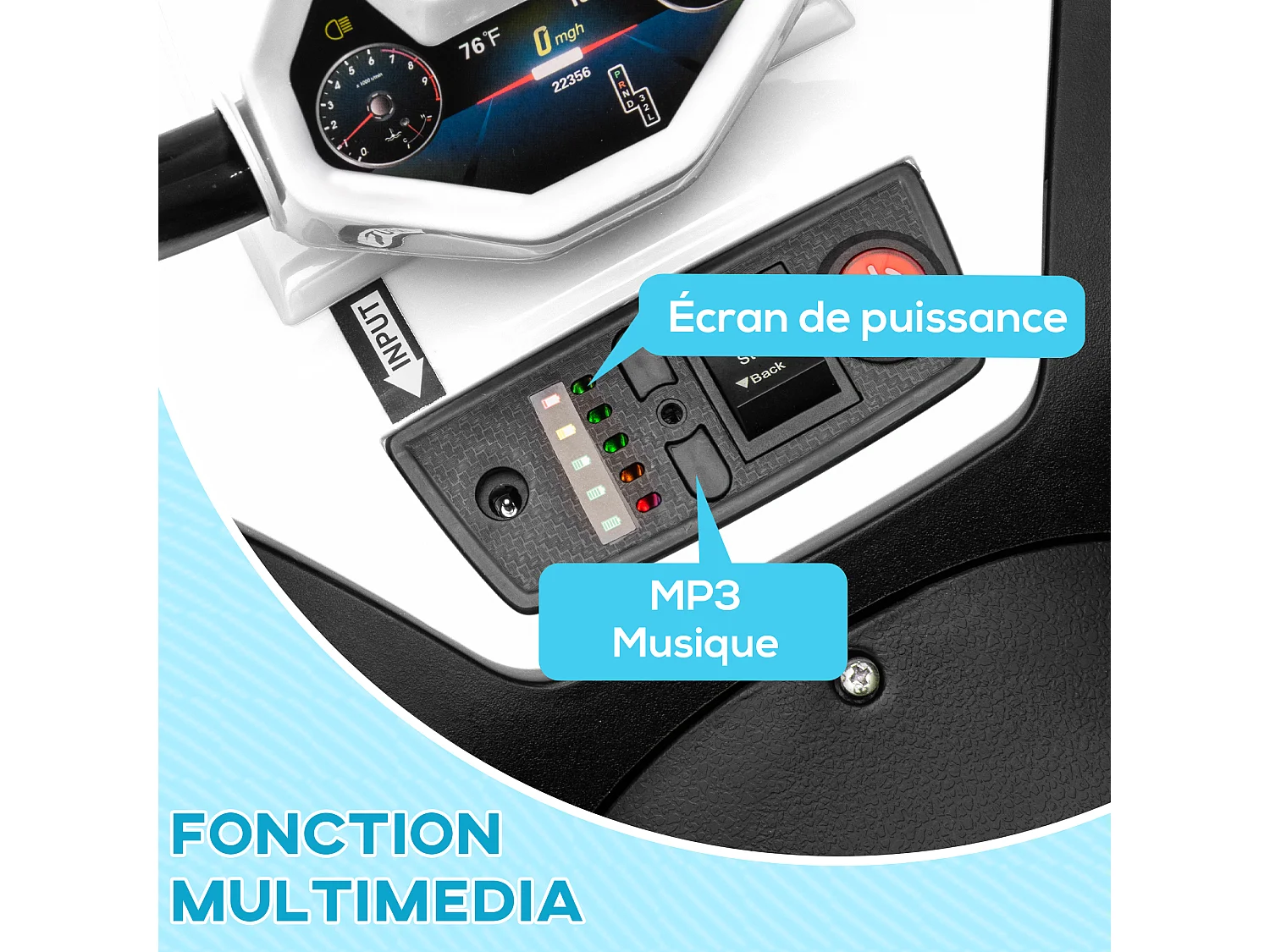 Quad électrique enfant 2 moteurs 12V 5 Km/h max. marche AV AR nombreux effets blanc