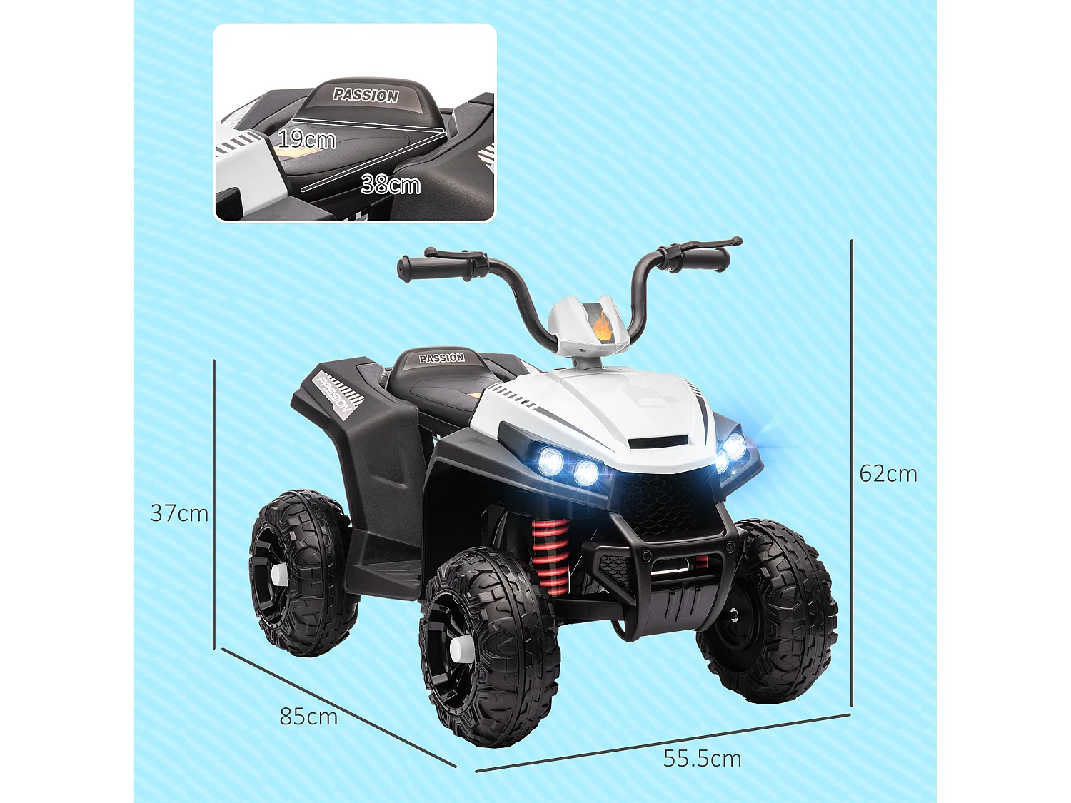 Quad électrique enfant 2 moteurs 12V 5 Km/h max. marche AV AR nombreux effets blanc