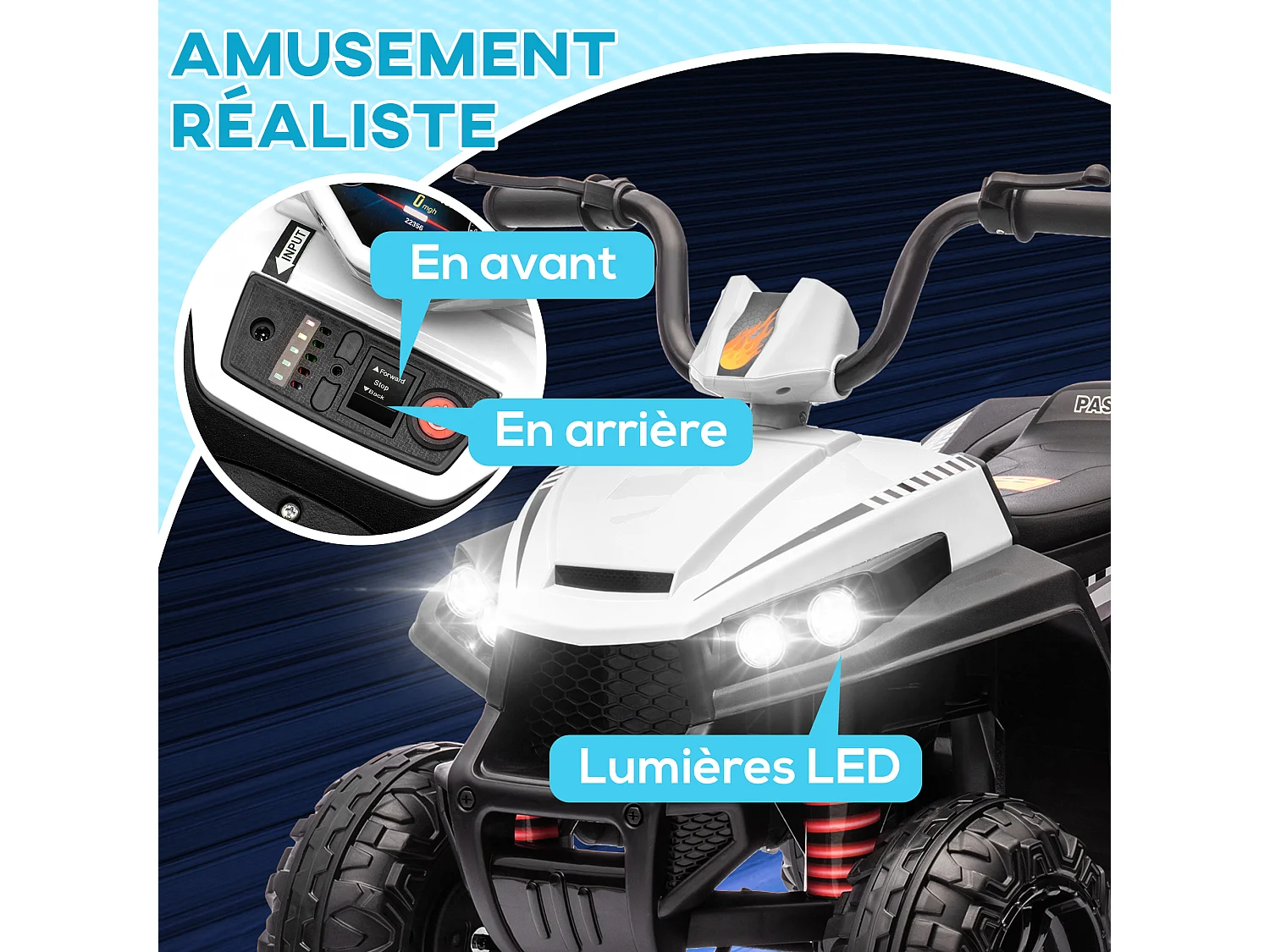 Quad électrique enfant 2 moteurs 12V 5 Km/h max. marche AV AR nombreux effets blanc