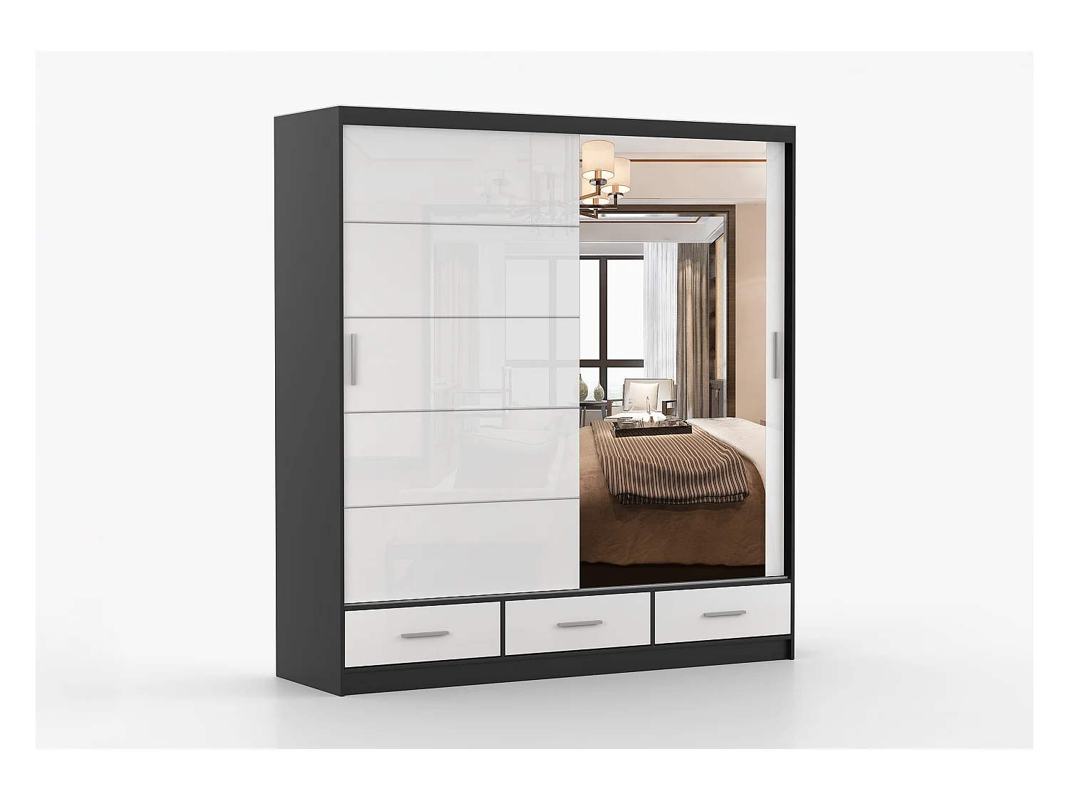 Armoire Sylar 203 cm avec miroir - Noir - Blanc