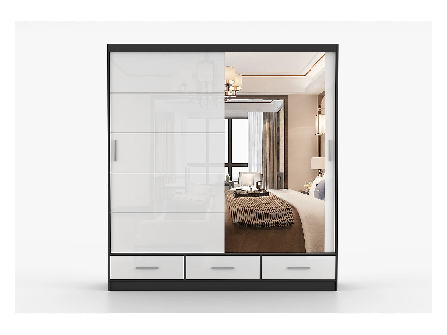Armoire Sylar 203 cm avec miroir - Noir - Blanc