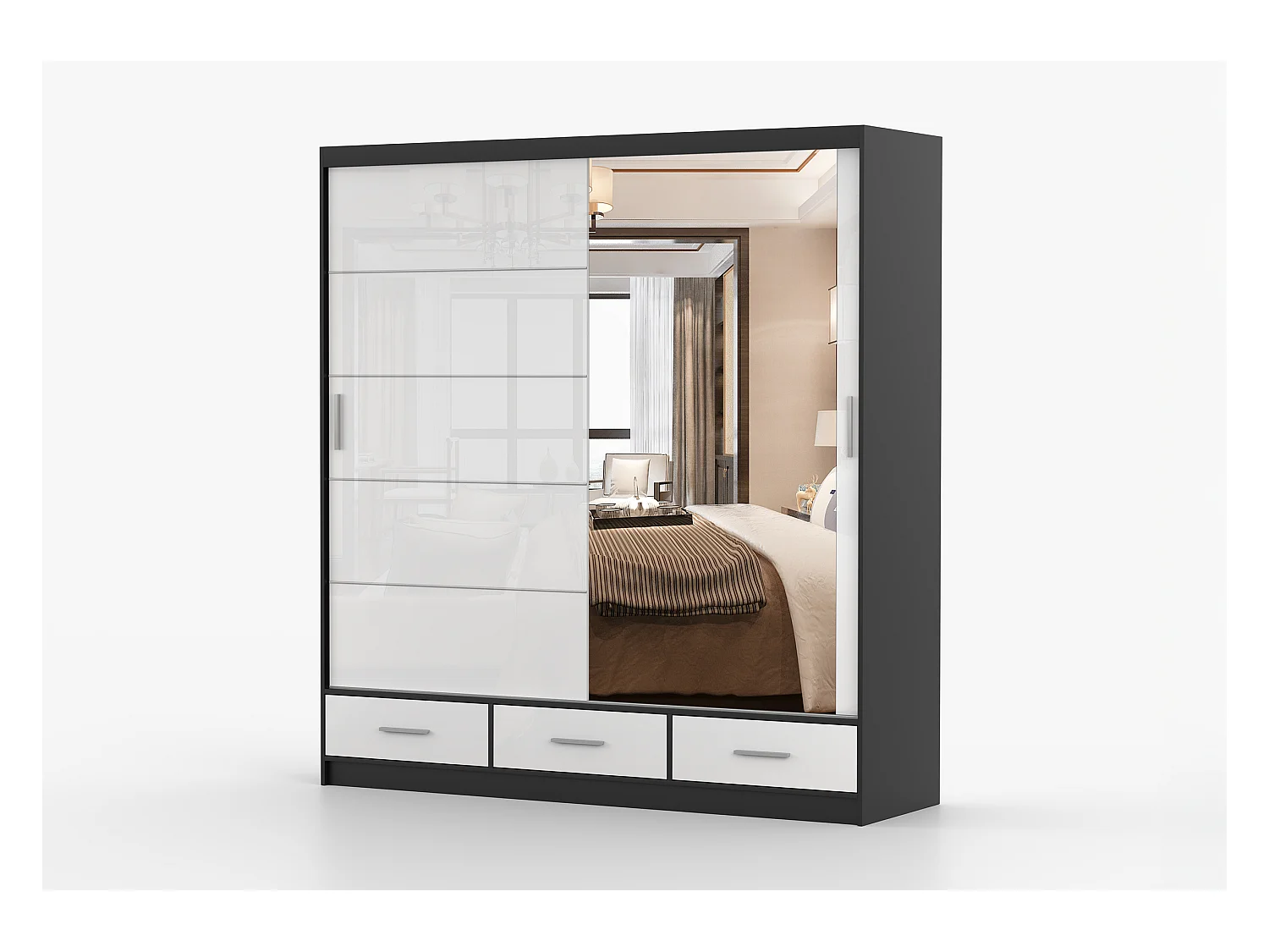 Armoire Sylar 203 cm avec miroir - Noir - Blanc