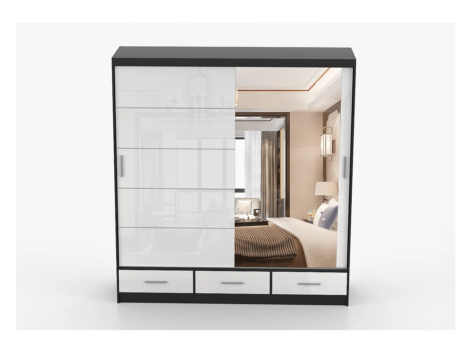 Armoire Sylar 203 cm avec miroir - Noir - Blanc