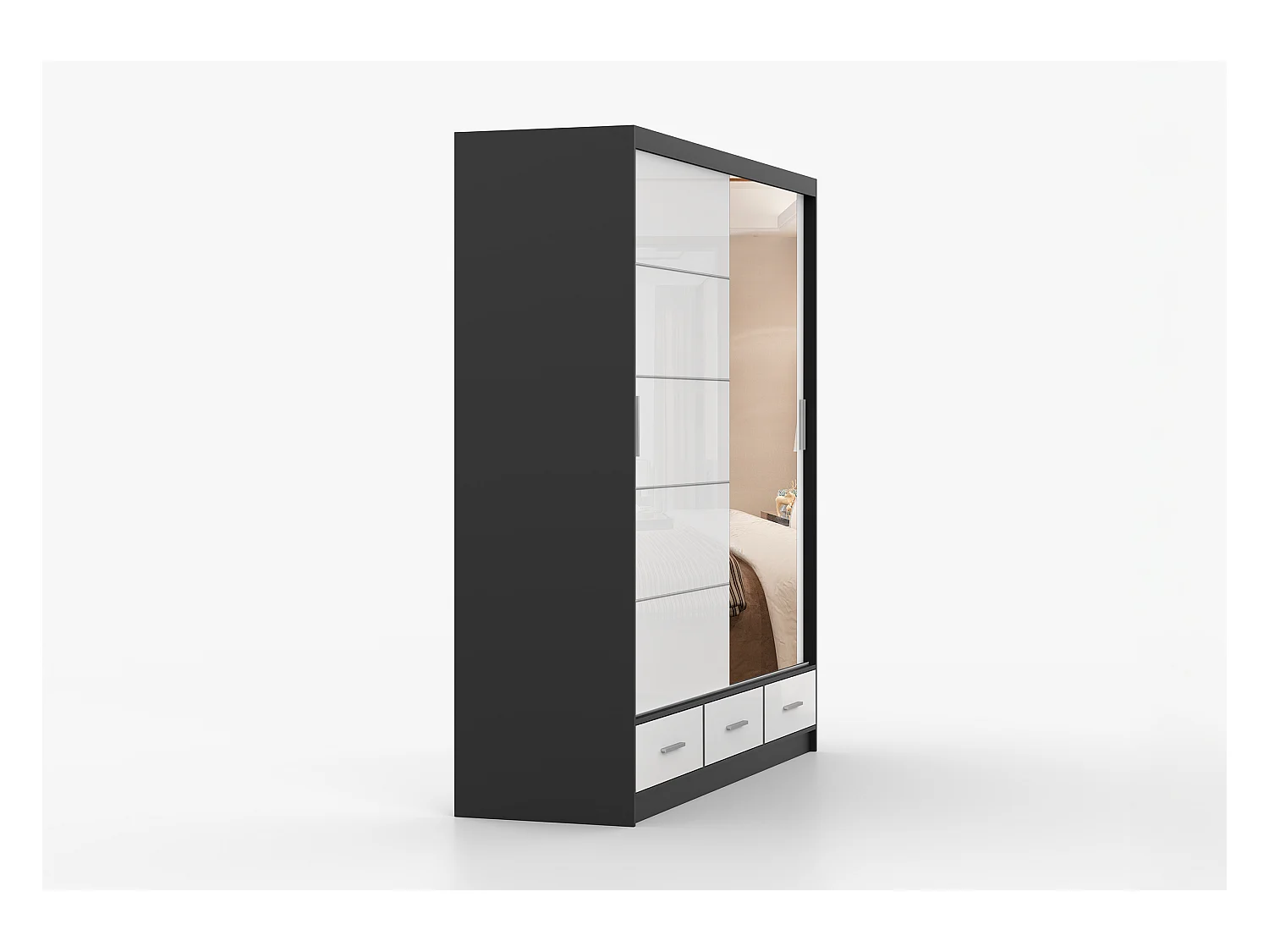 Armoire Sylar 203 cm avec miroir - Noir - Blanc