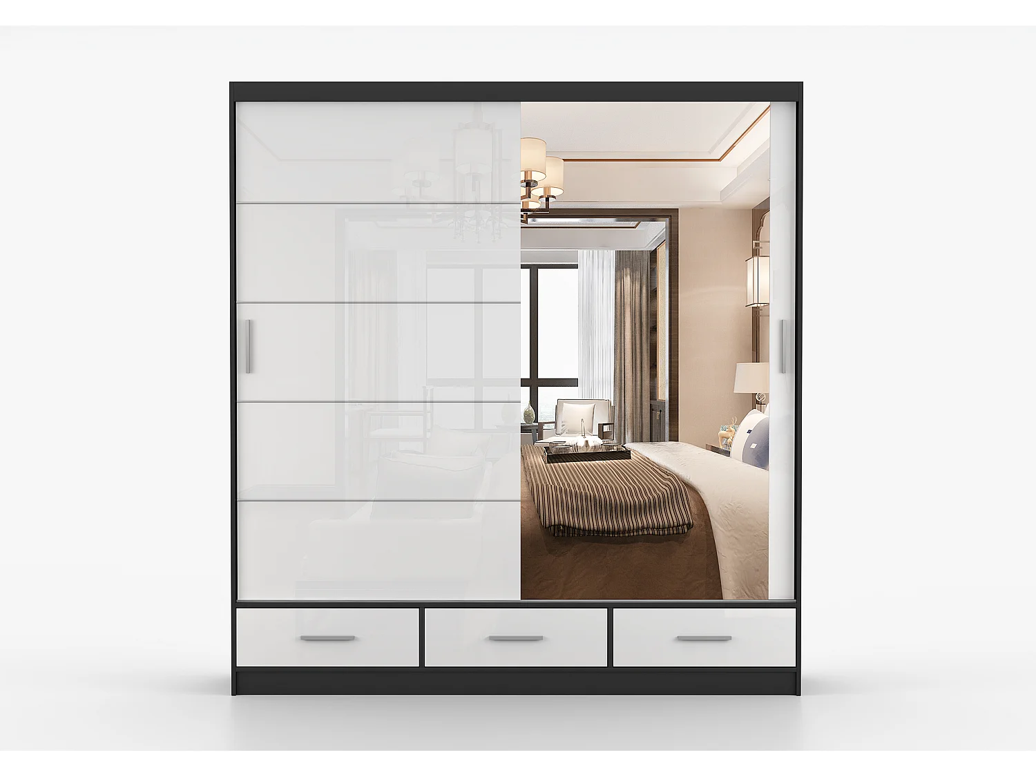 Armoire Sylar 203 cm avec miroir - Noir - Blanc
