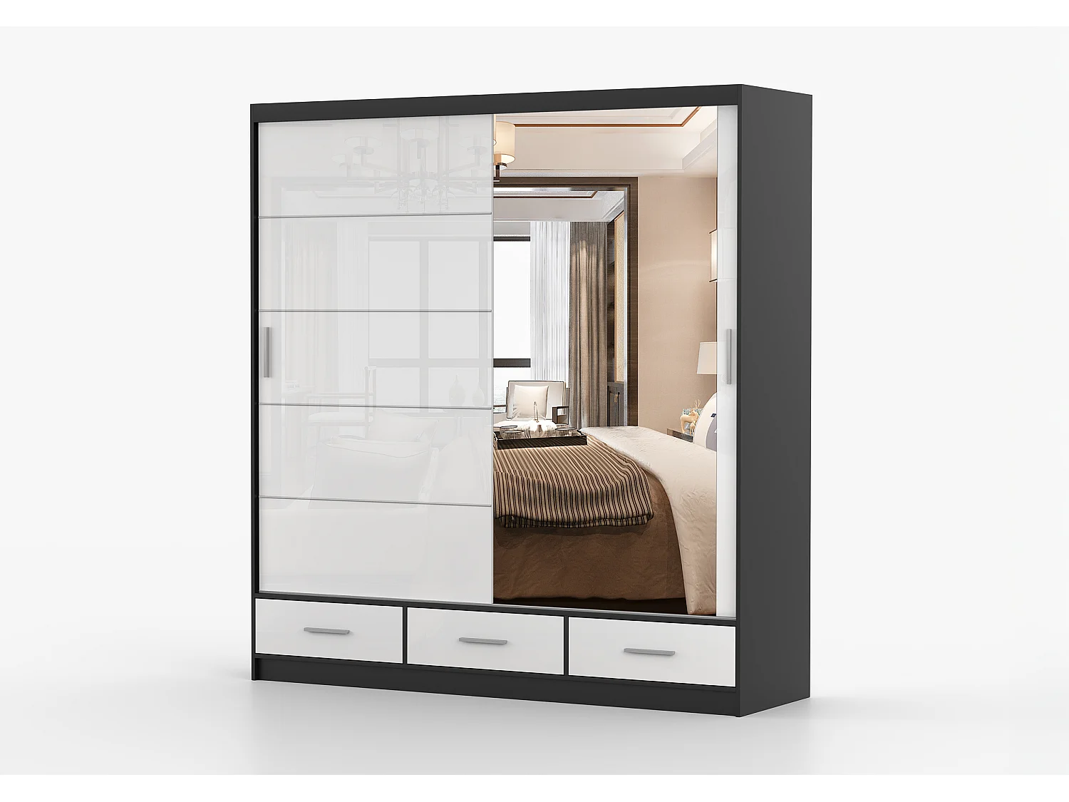 Armoire Sylar 203 cm avec miroir - Noir - Blanc