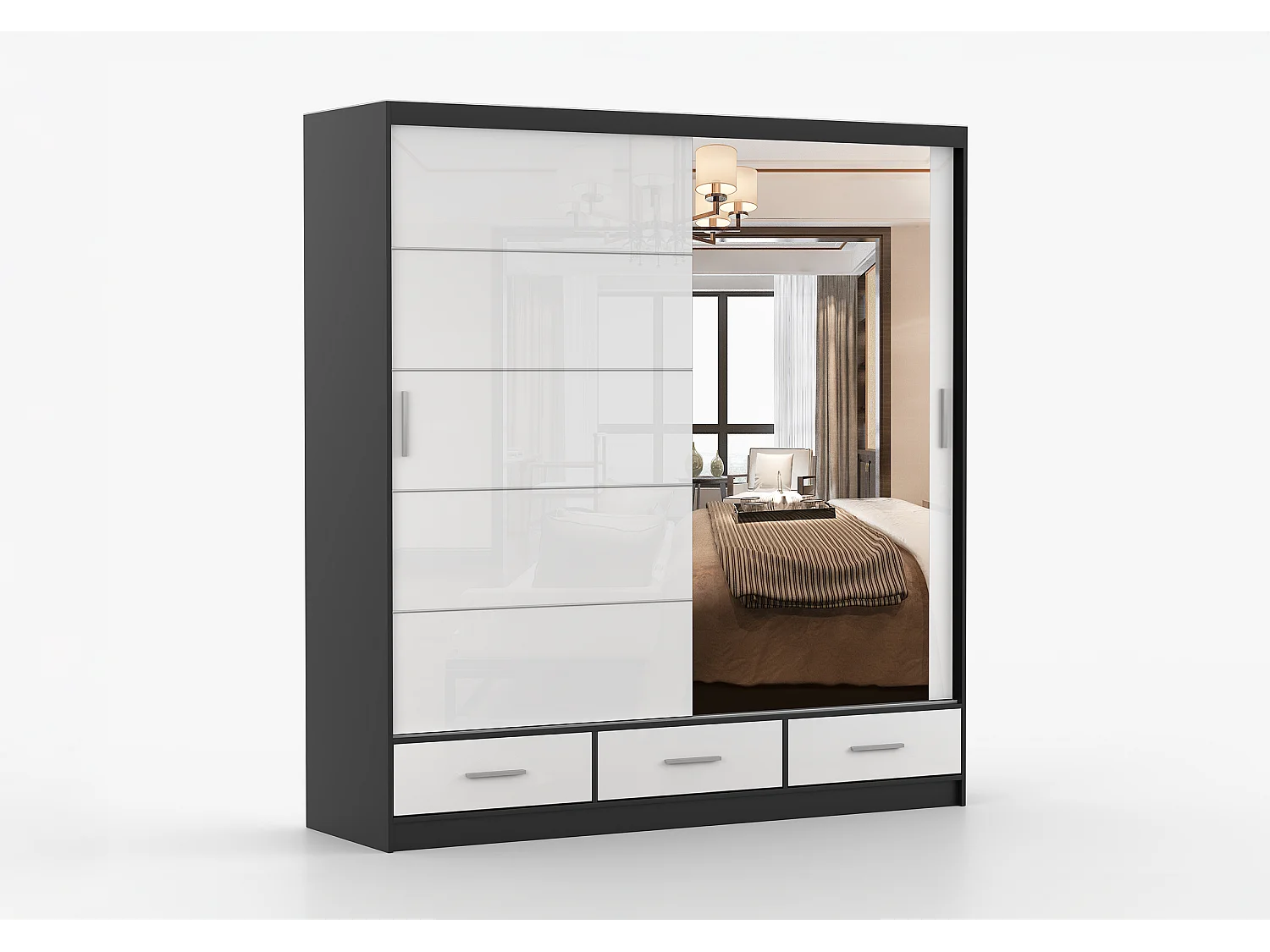 Armoire Sylar 203 cm avec miroir - Noir - Blanc