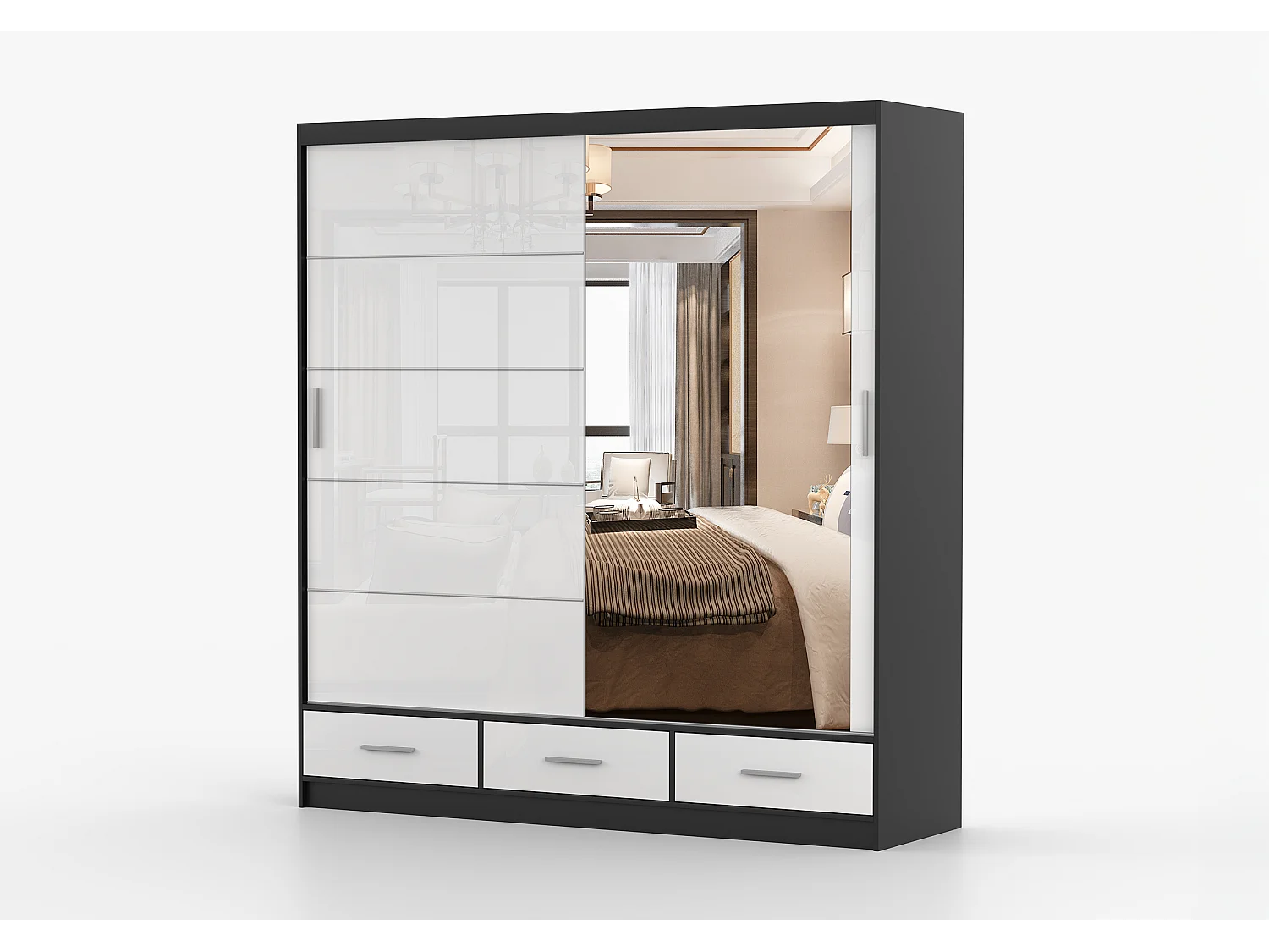 Armoire Sylar 203 cm avec miroir - Noir - Blanc