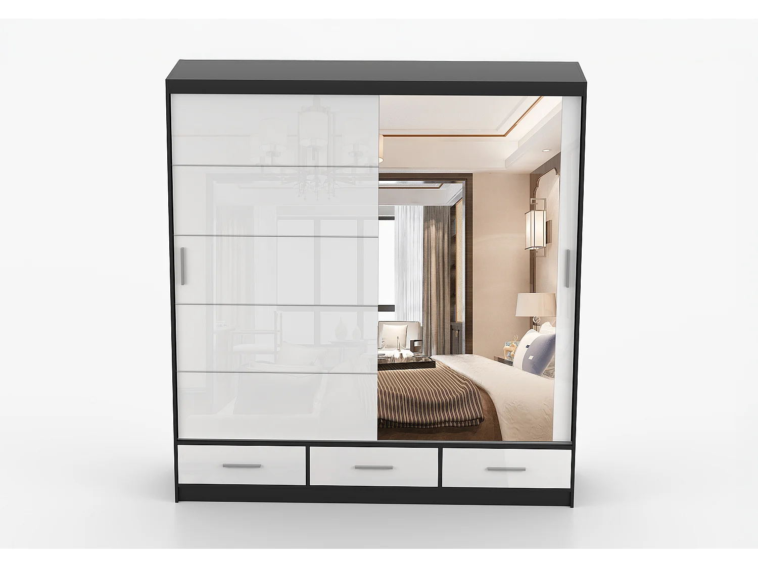 Armoire Sylar 203 cm avec miroir - Noir - Blanc