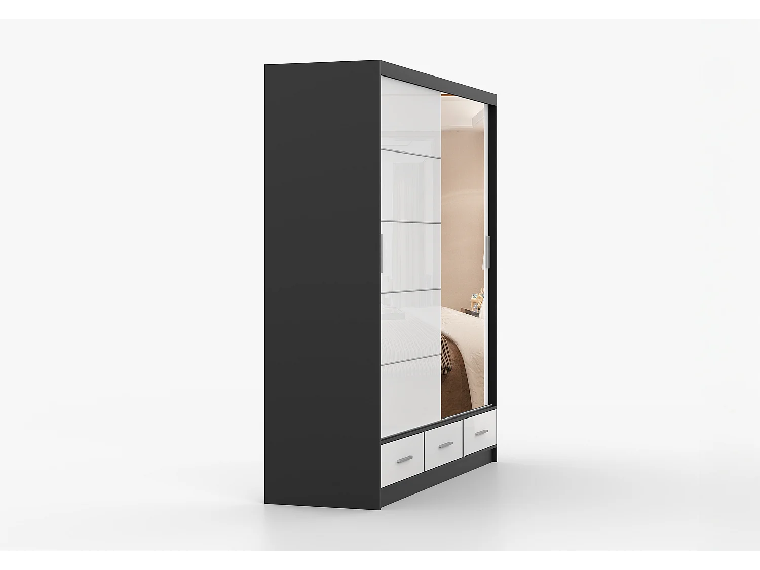 Armoire Sylar 203 cm avec miroir - Noir - Blanc