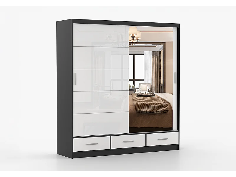 Armoire Sylar 203 cm avec miroir - Noir - Blanc