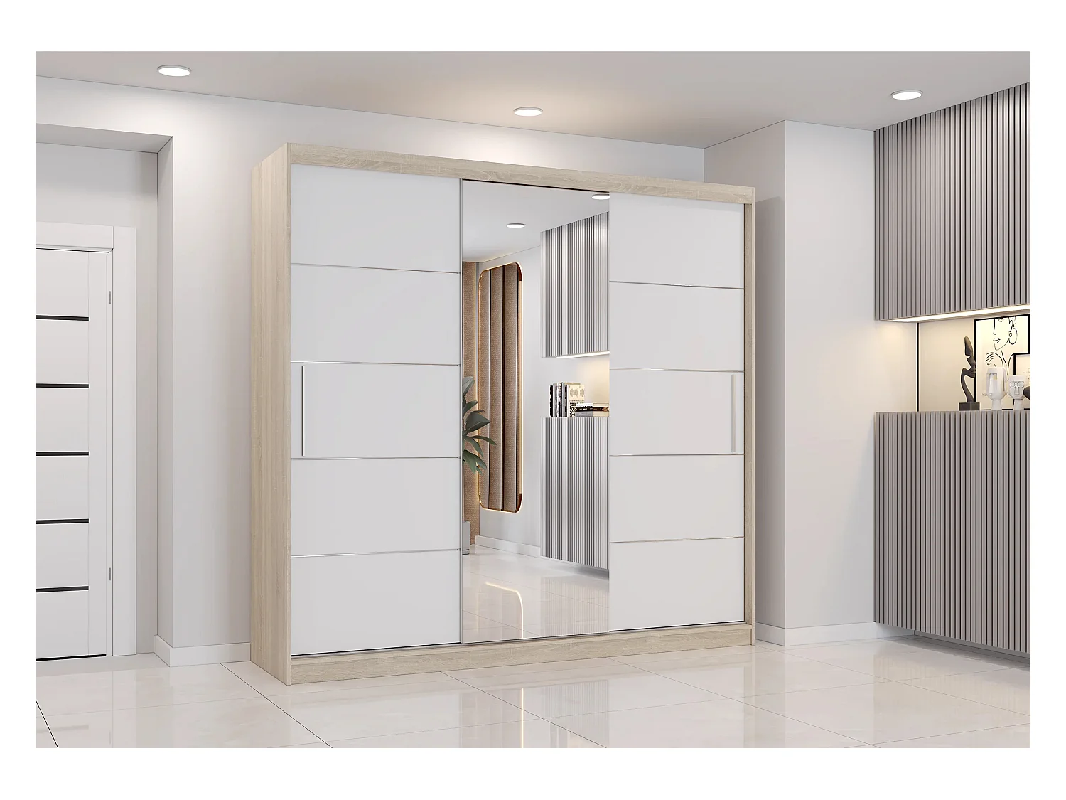 Armoire Olympe 233 cm avec miroir - Chêne - Blanc
