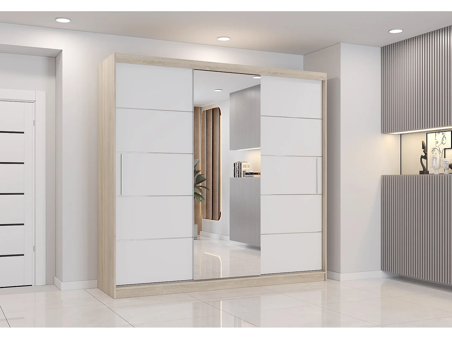 Armoire Olympe 233 cm avec miroir - Chêne - Blanc