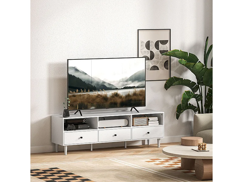 Meuble TV banc TV sur pieds effilés - 3 tiroirs, 3 niches, passe-câble - dim. 140 x 34 x 45 cm - métal effet bois blanc