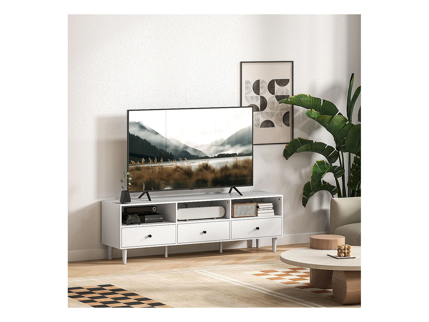 Meuble TV banc TV sur pieds effilés - 3 tiroirs, 3 niches, passe-câble - dim. 140 x 34 x 45 cm - métal effet bois blanc