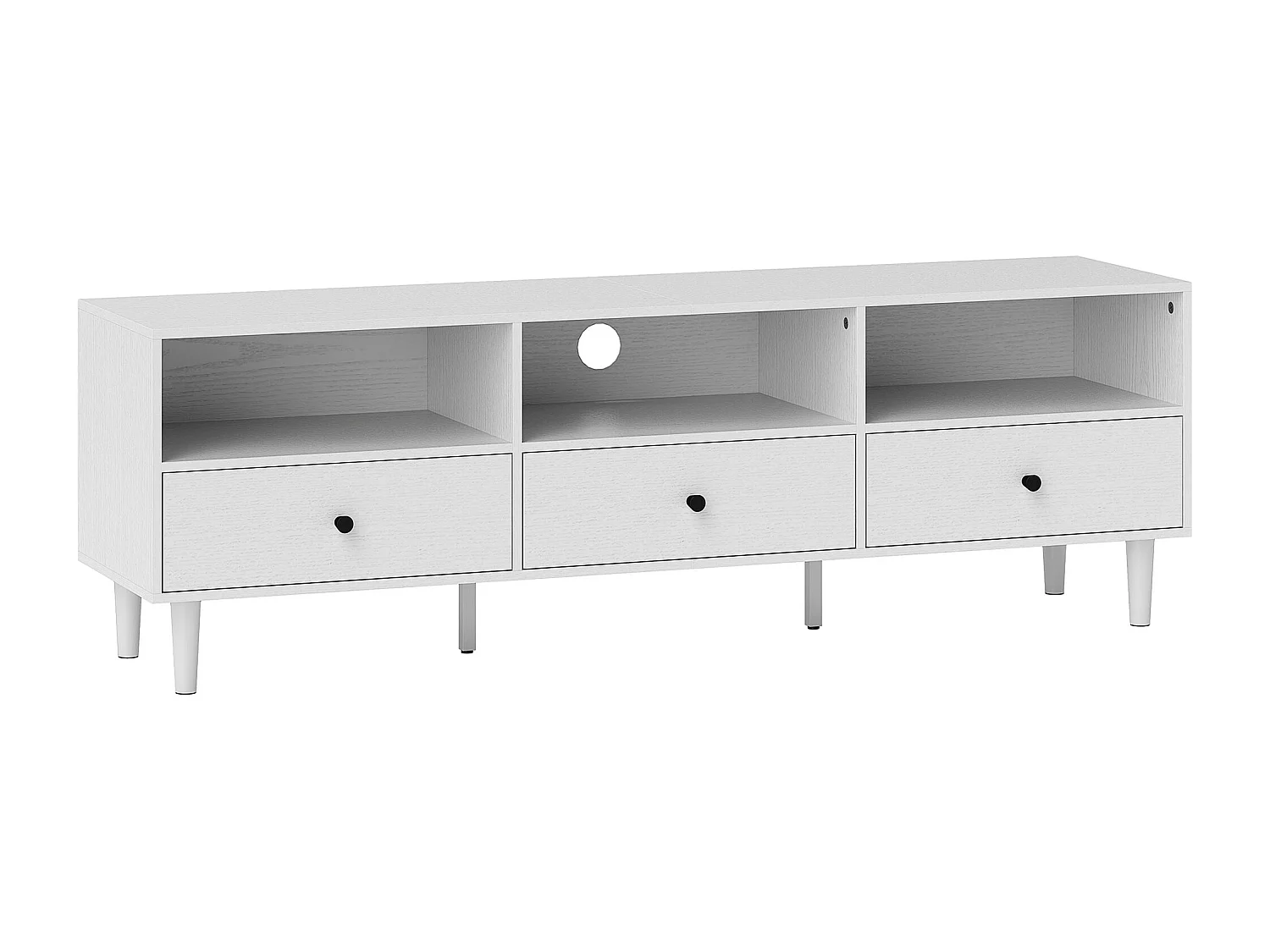 Meuble TV banc TV sur pieds effilés - 3 tiroirs, 3 niches, passe-câble - dim. 140 x 34 x 45 cm - métal effet bois blanc