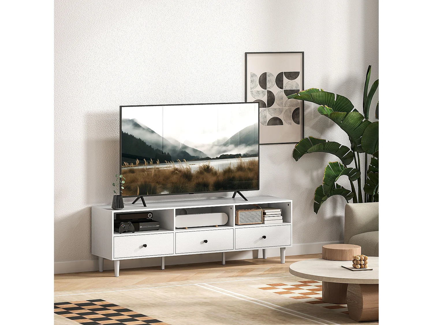 Meuble TV banc TV sur pieds effilés - 3 tiroirs, 3 niches, passe-câble - dim. 140 x 34 x 45 cm - métal effet bois blanc