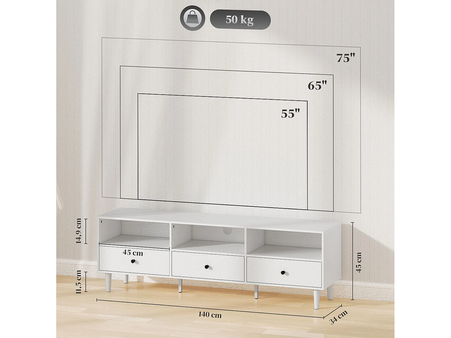 Meuble TV banc TV sur pieds effilés - 3 tiroirs, 3 niches, passe-câble - dim. 140 x 34 x 45 cm - métal effet bois blanc