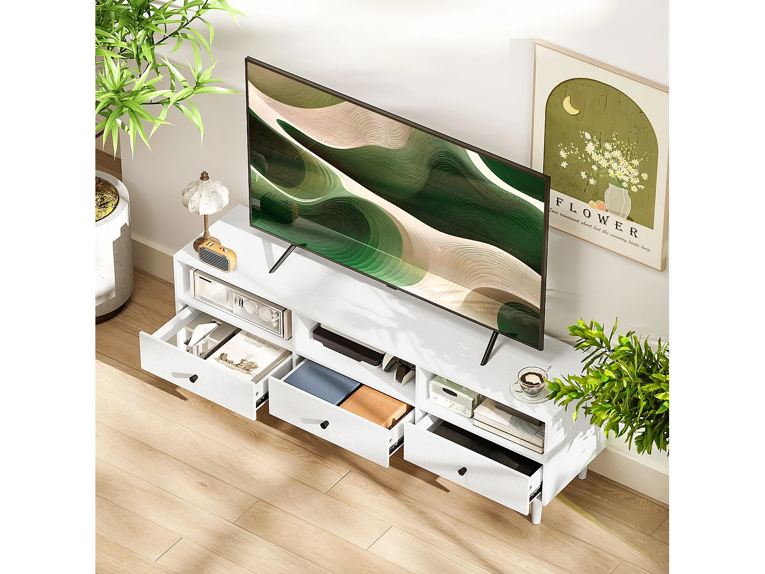 Meuble TV banc TV sur pieds effilés - 3 tiroirs, 3 niches, passe-câble - dim. 140 x 34 x 45 cm - métal effet bois blanc