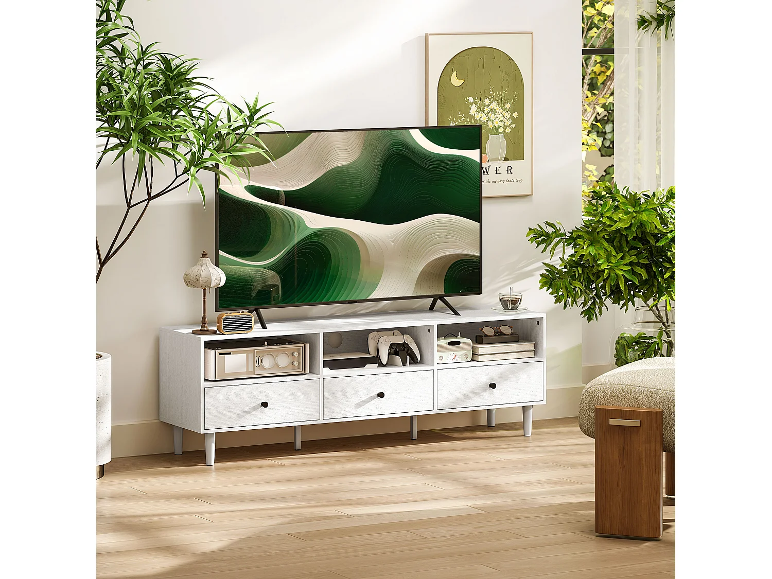 Meuble TV banc TV sur pieds effilés - 3 tiroirs, 3 niches, passe-câble - dim. 140 x 34 x 45 cm - métal effet bois blanc