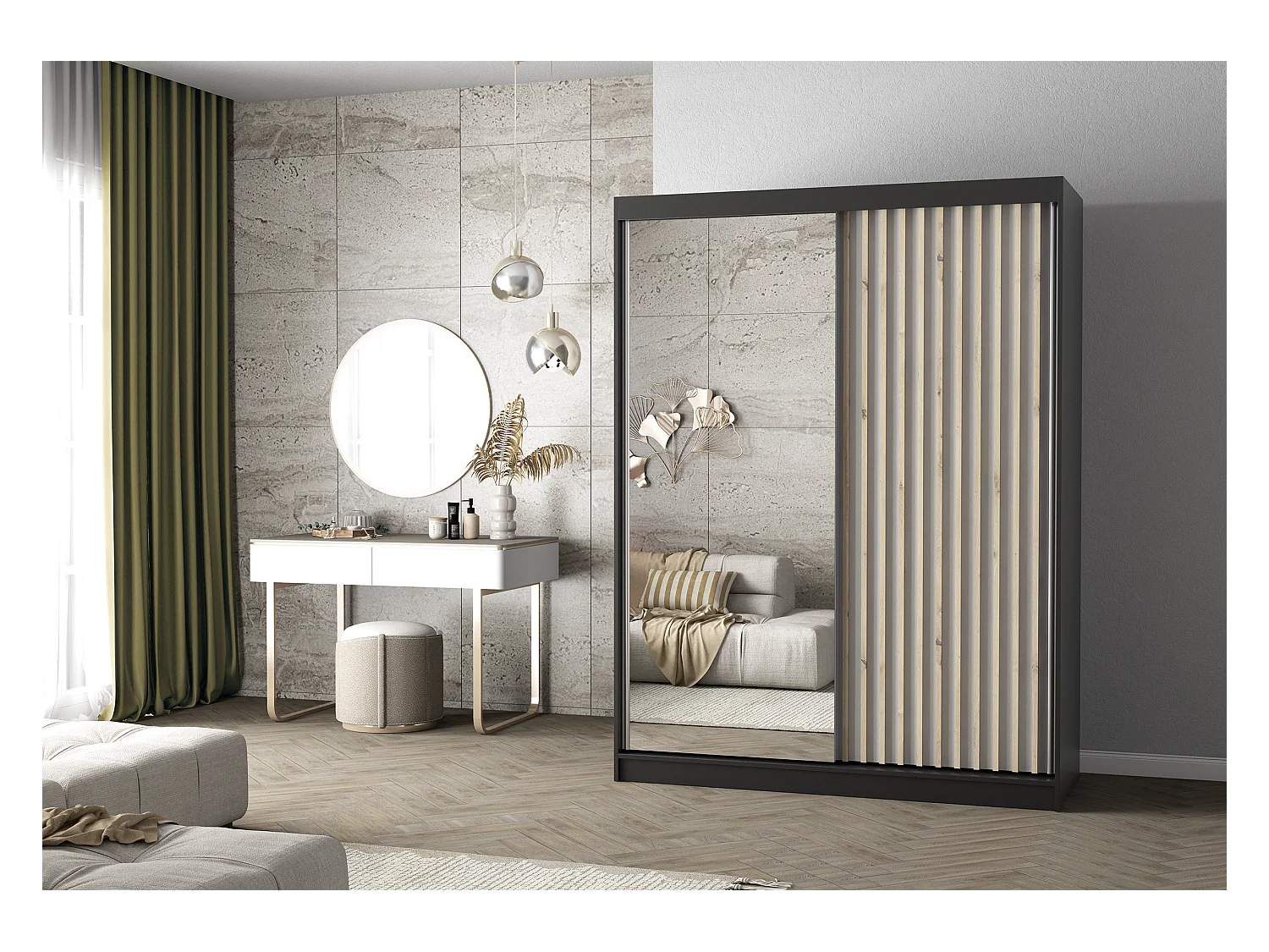 Armoire Zinaé 150 cm avec miroir - Noir - Blanc